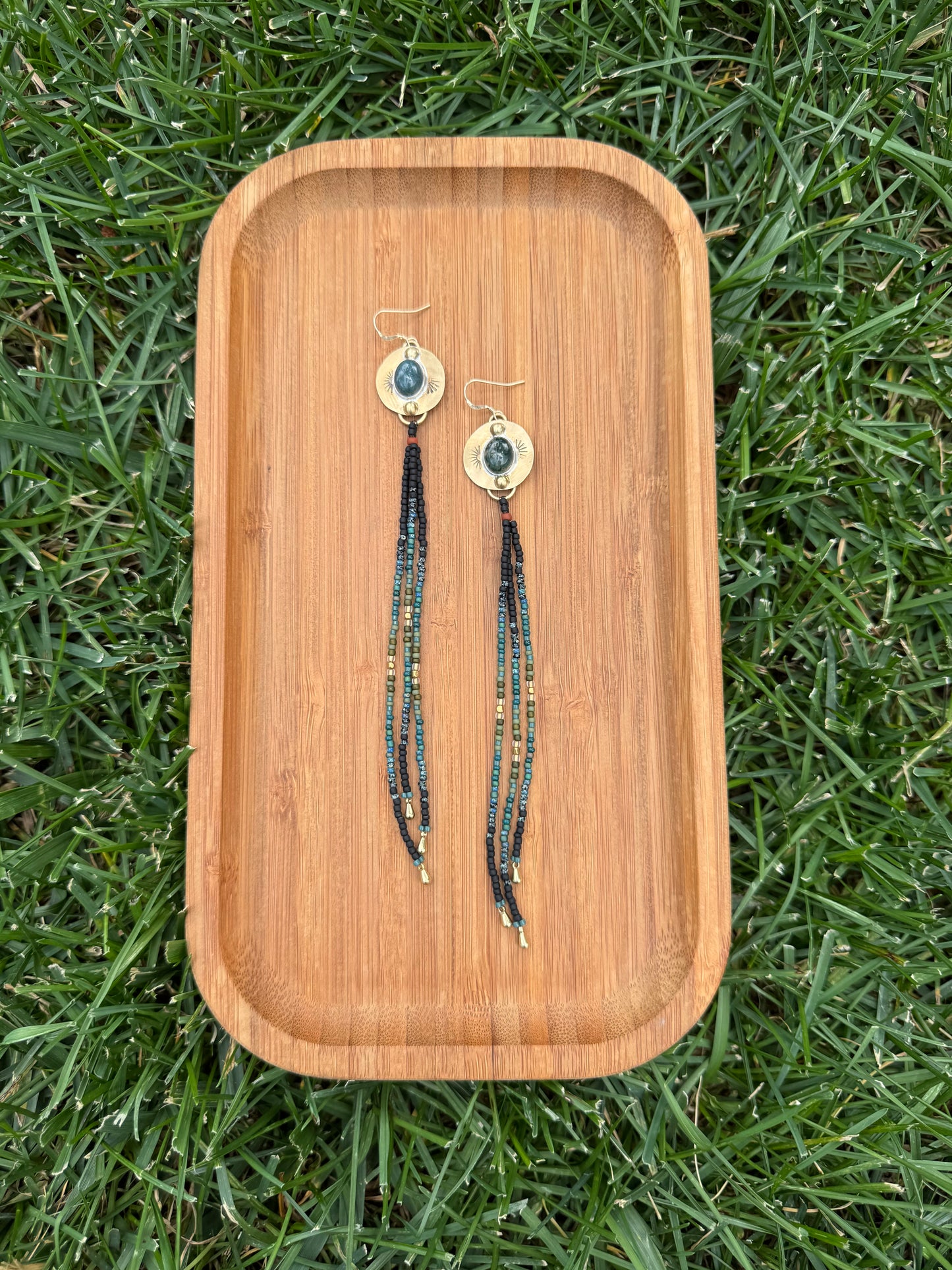Moss Agate Gold Coin Fringe Earrings | Sterling Silver + Jasper