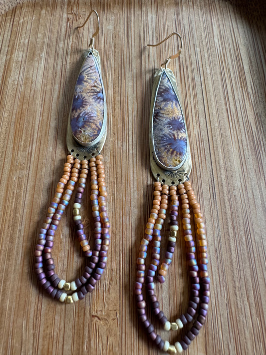 Psychedelic Lilac Horizon Loop Earrings | Fossilized Coral + Mauve Beadwork