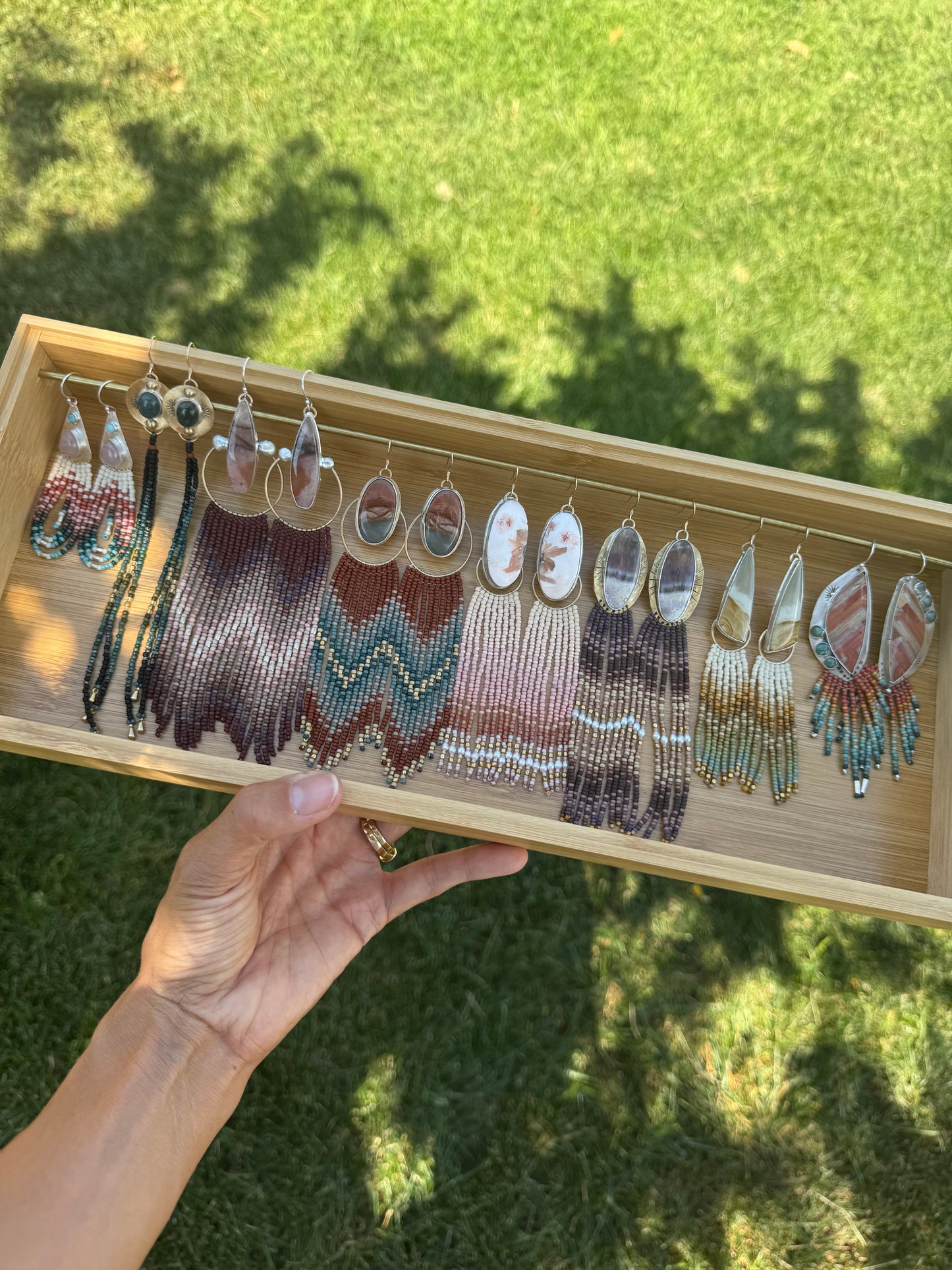 Desert Pink & Orange Jade Fringe Earrings | Long Sterling + Mauve Beadwork