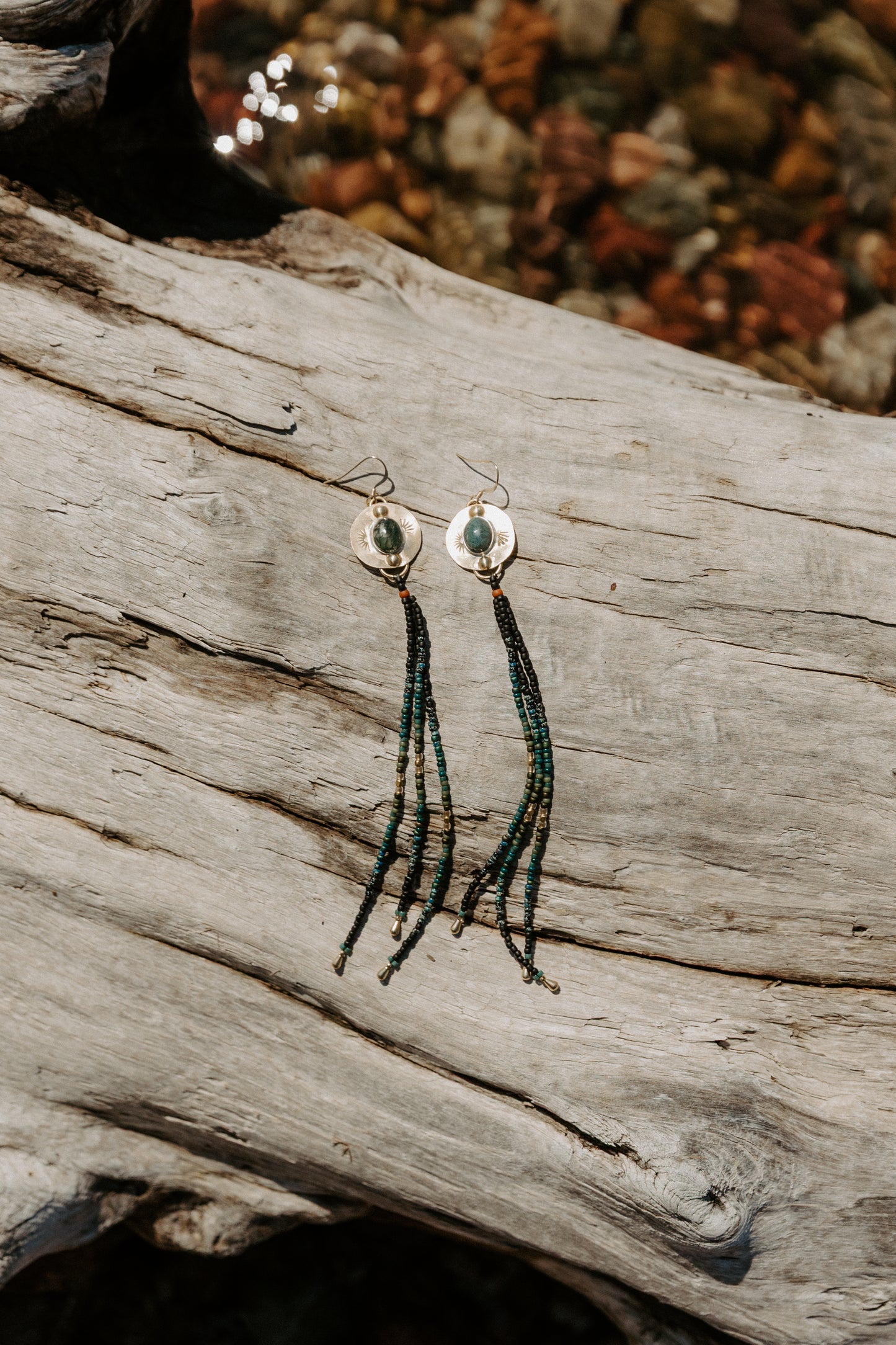Moss Agate Gold Coin Fringe Earrings | Sterling Silver + Jasper