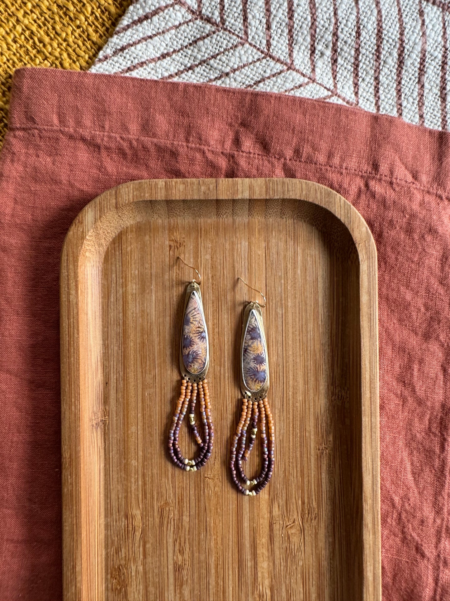 Psychedelic Lilac Horizon Loop Earrings | Fossilized Coral + Mauve Beadwork