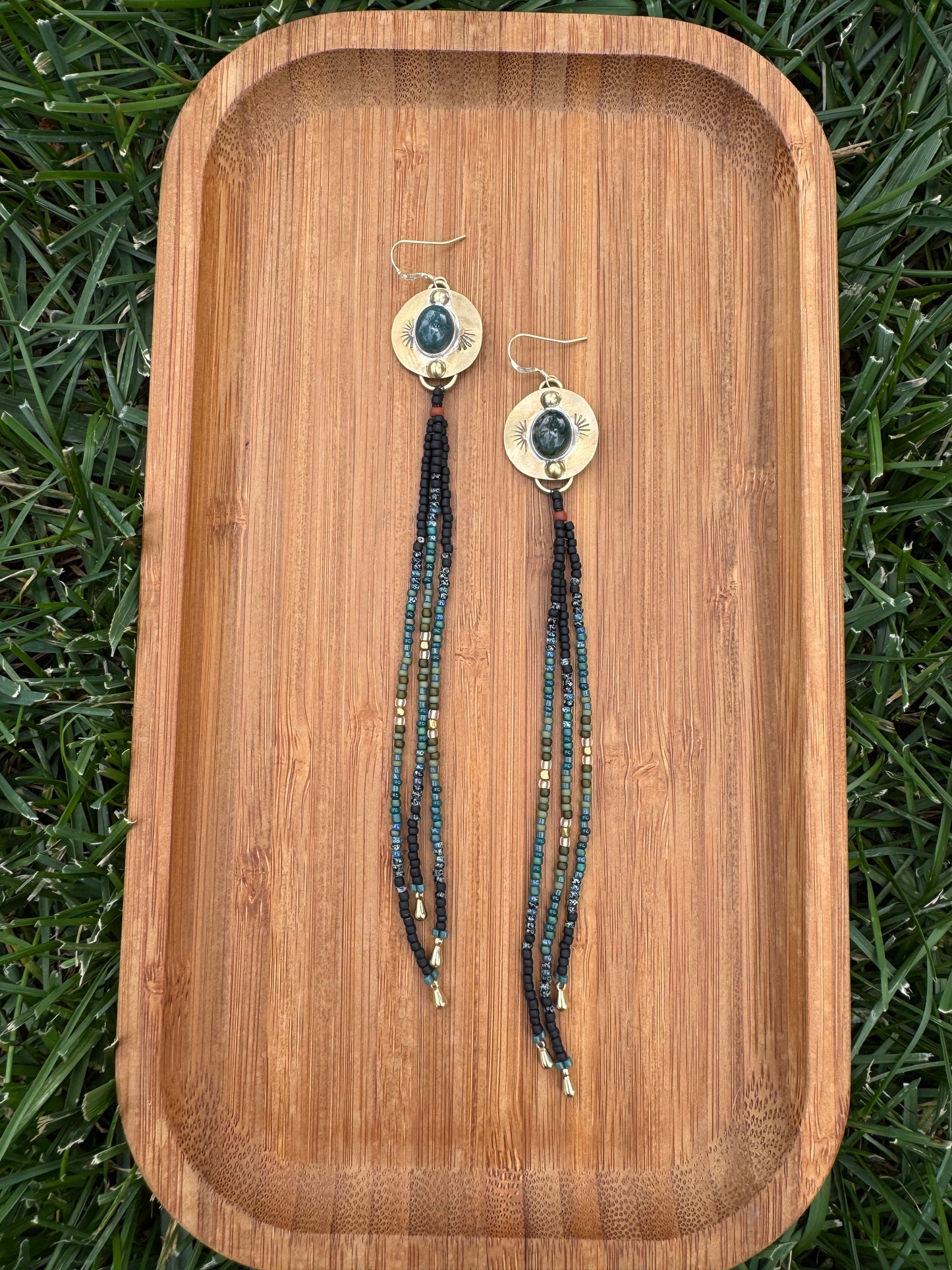 Moss Agate Gold Coin Fringe Earrings | Sterling Silver + Jasper