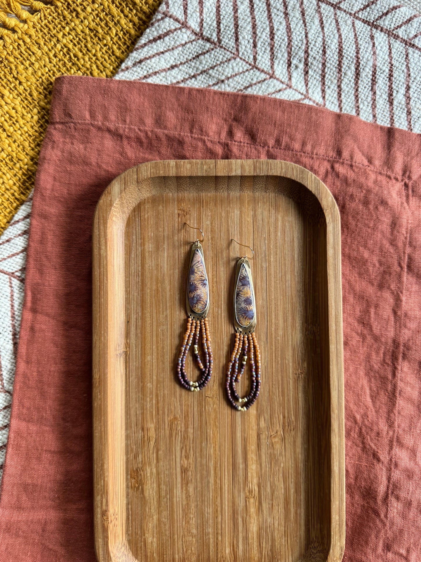 Psychedelic Lilac Horizon Loop Earrings | Fossilized Coral + Mauve Beadwork