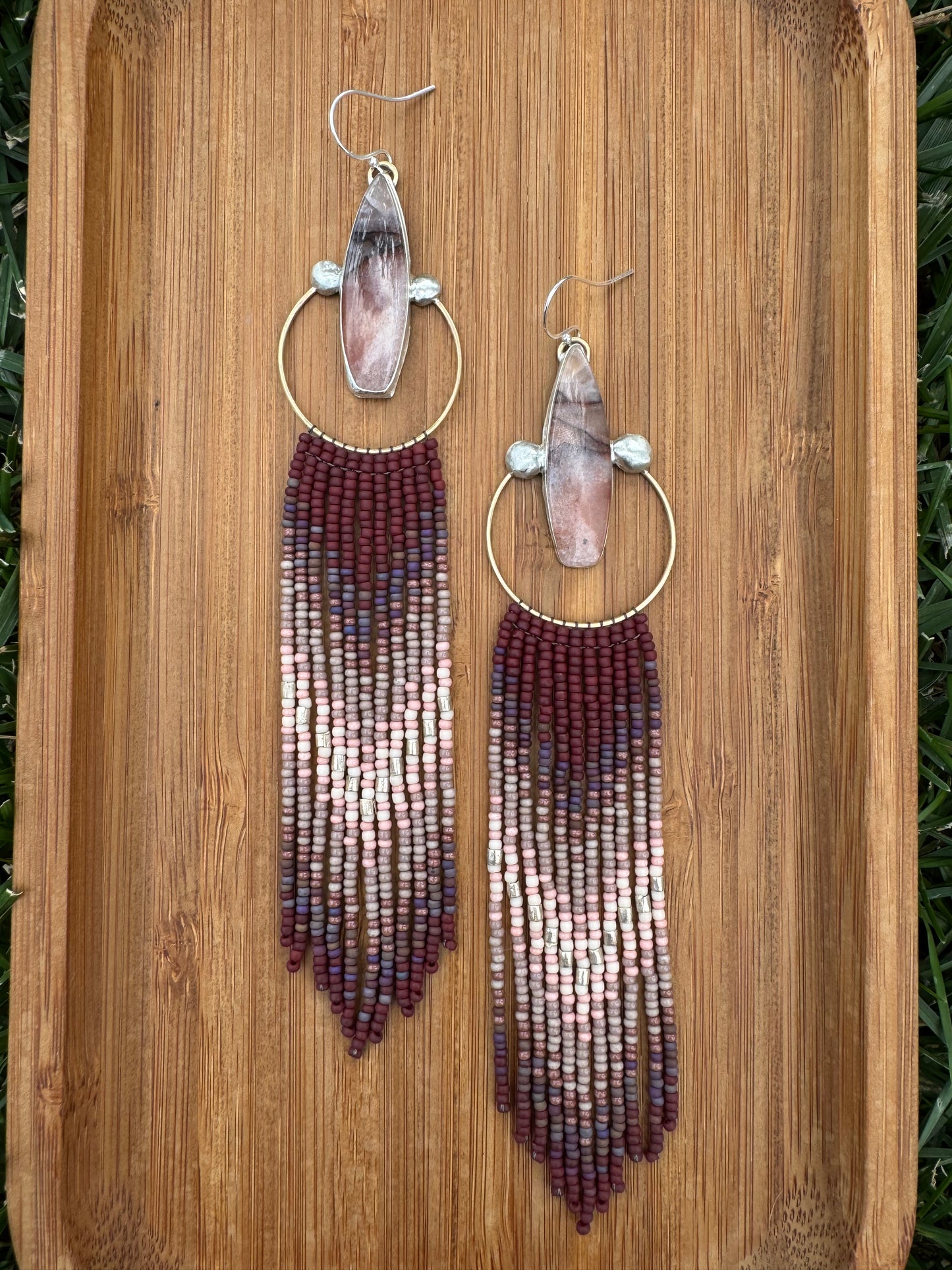 Desert Pink & Orange Jade Fringe Earrings | Long Sterling + Mauve Beadwork