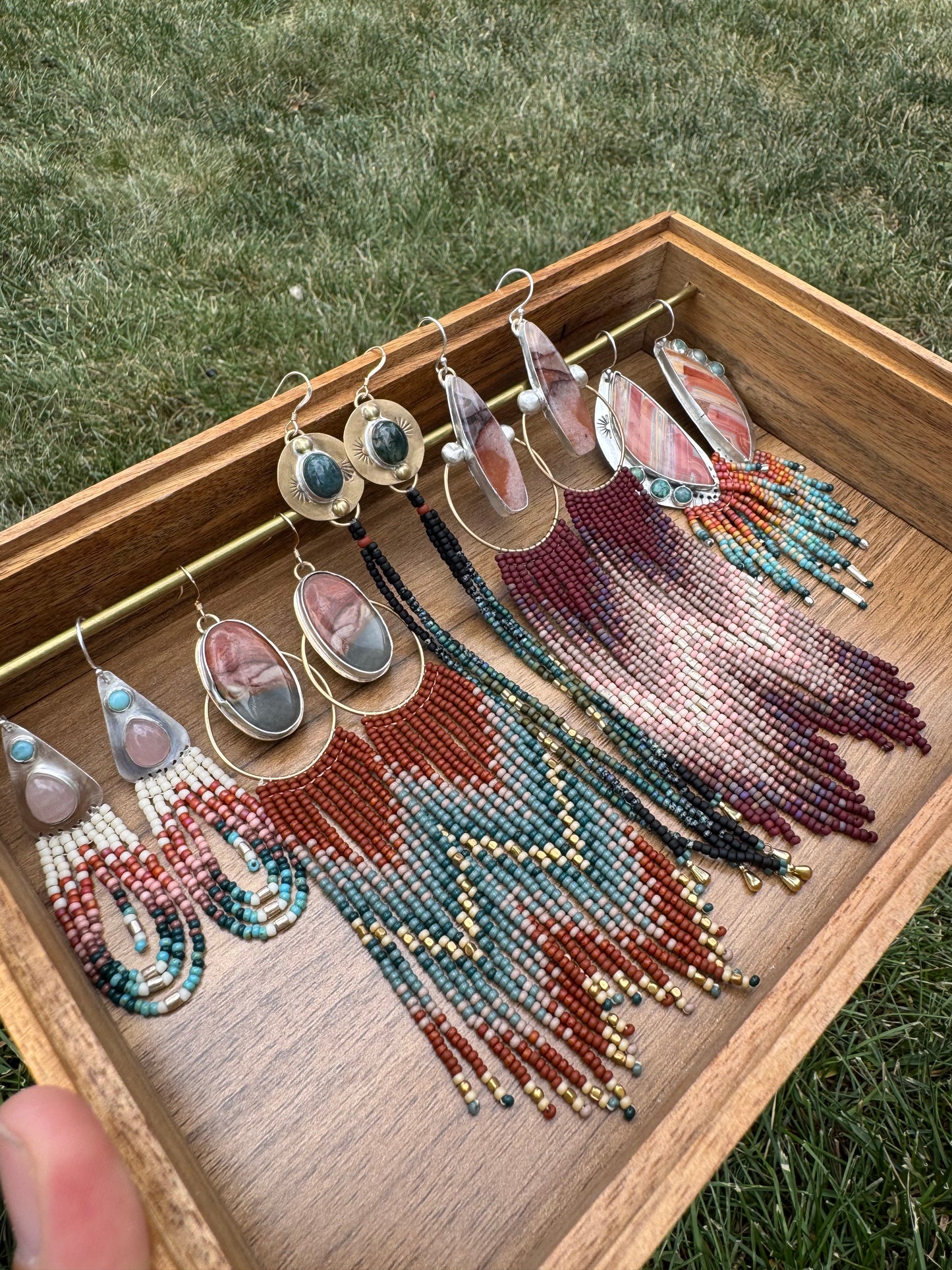 Desert Pink & Orange Jade Fringe Earrings | Long Sterling + Mauve Beadwork