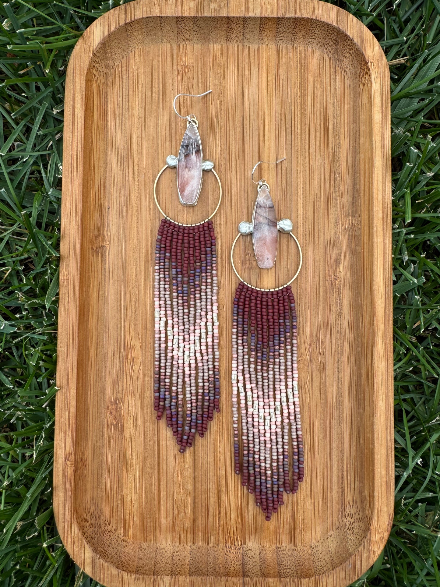 Desert Pink & Orange Jade Fringe Earrings | Long Sterling + Mauve Beadwork