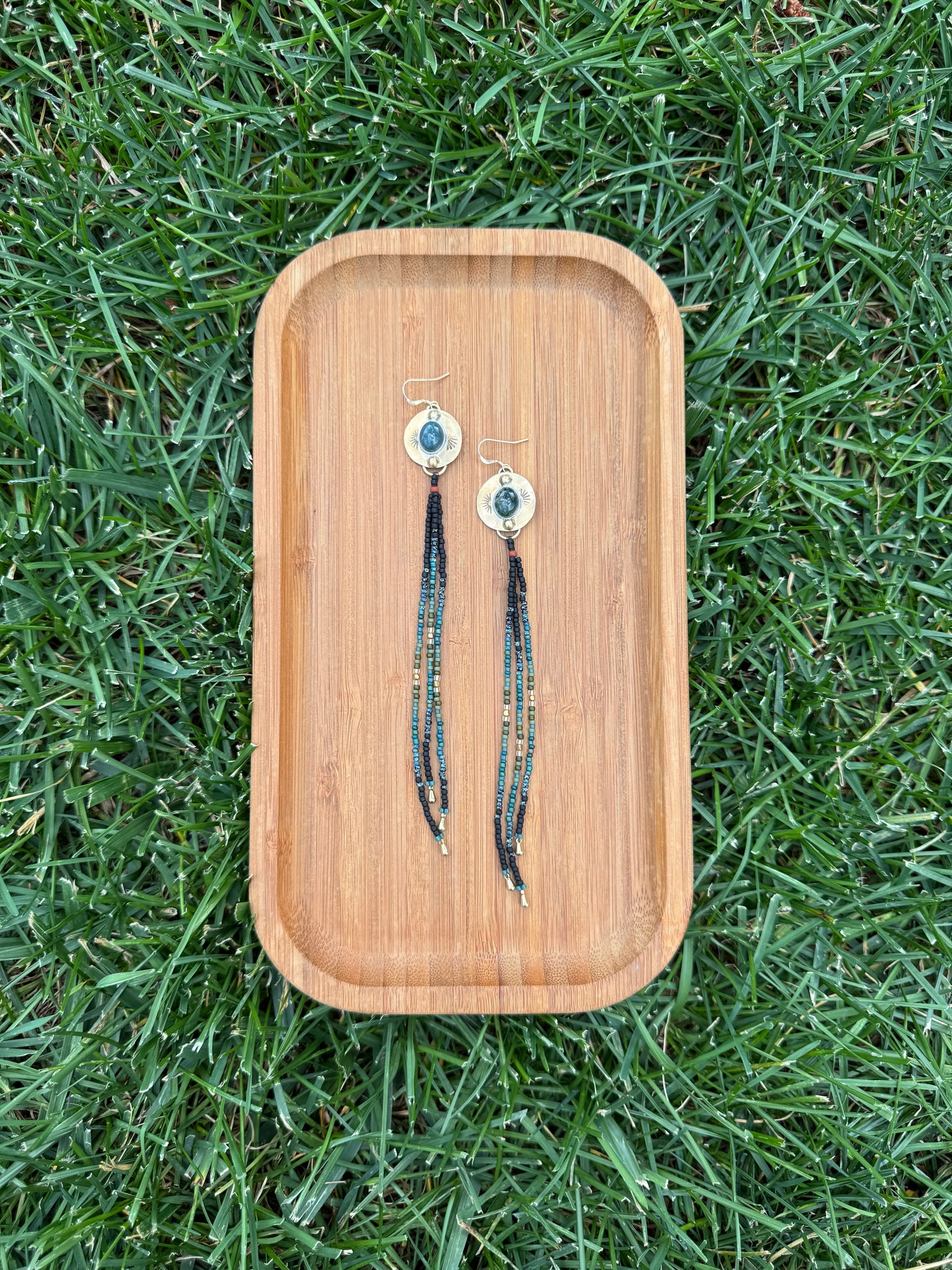 Moss Agate Gold Coin Fringe Earrings | Sterling Silver + Jasper