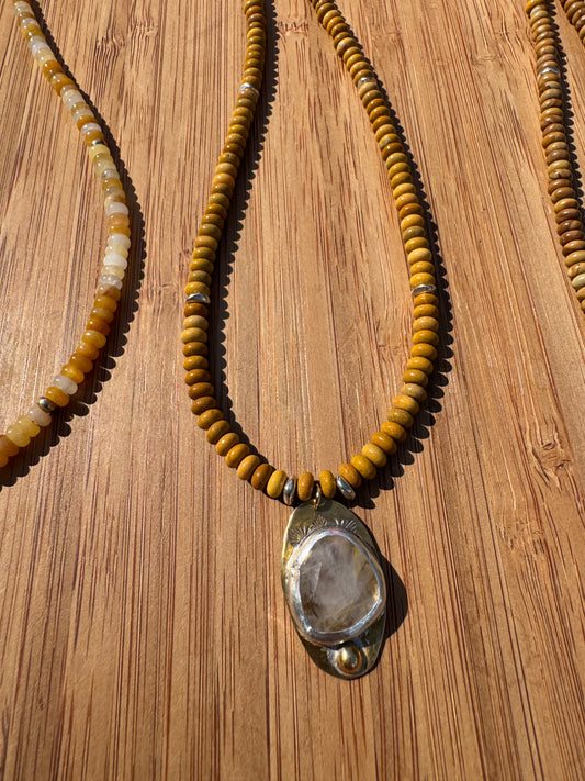 Golden Haze | Yellow Calcite Beads + Golden Rutilated Quartz Pendant Necklace