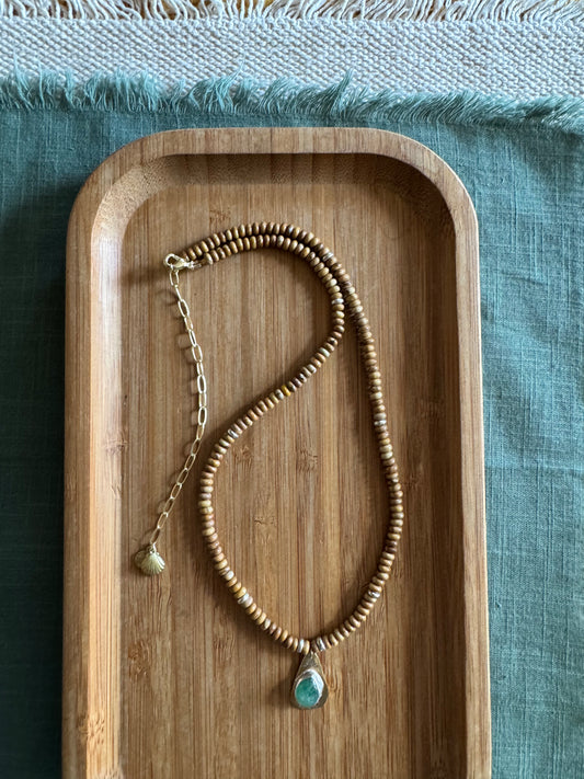 Canyon Earth | Wooden Jasper Beads + Green Strawberry Quartz Pendant Necklace