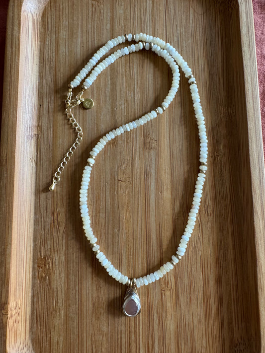 Desert Moon | Mother of Pearl Beads + Peach Moonstone Pendant Necklace