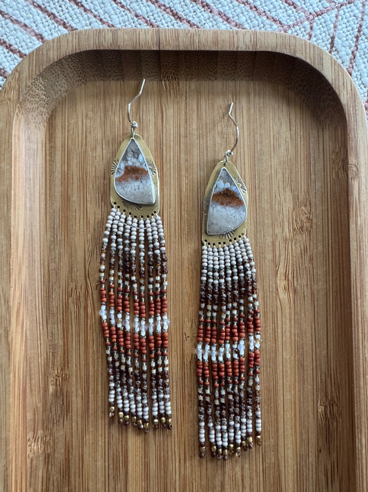 Painted Desert Triangle Earrings | Banded Agate Gemstones + Montana Agate Beaded Fringe
