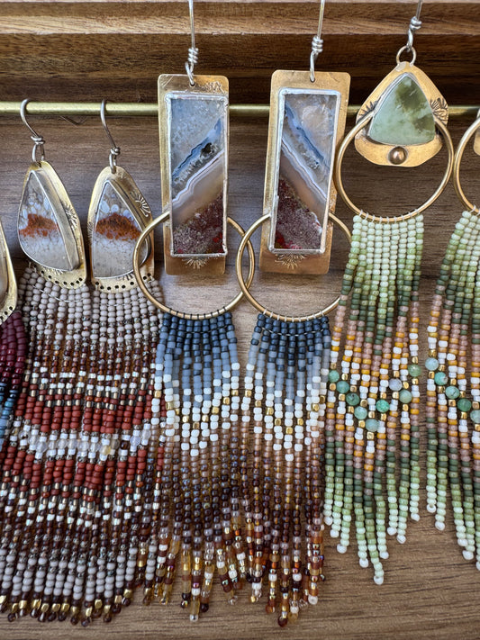 Slate Bar Hoop Earrings | Druzy Agate Gemstones + Denim Beaded Fringe