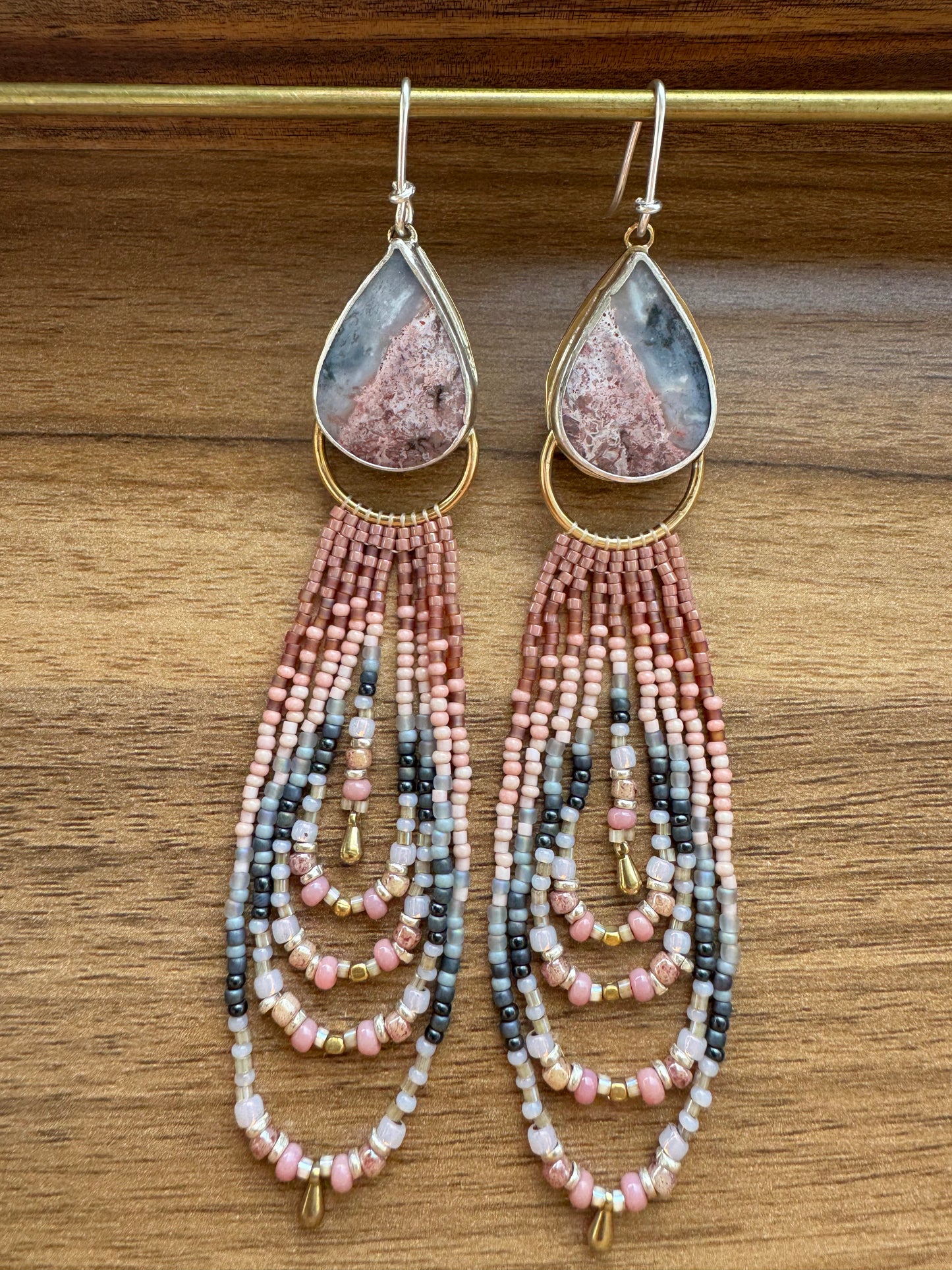 Rosewood Layered Teardrop Earrings | Agate Gemstones + Blush Beaded Fringe