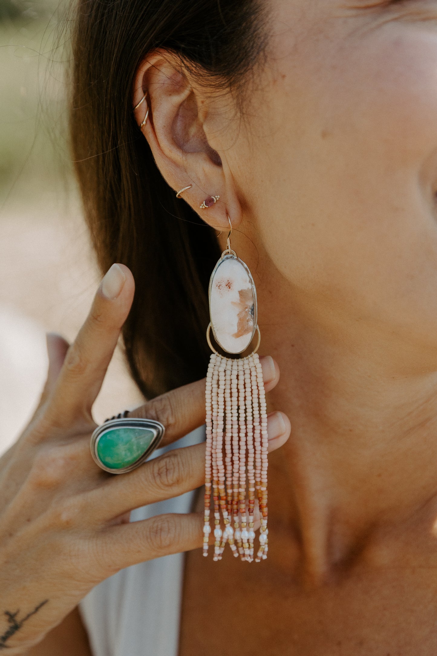 Blush Flower Fringe Earrings | Sterling Silver + Scolocite Gemstones