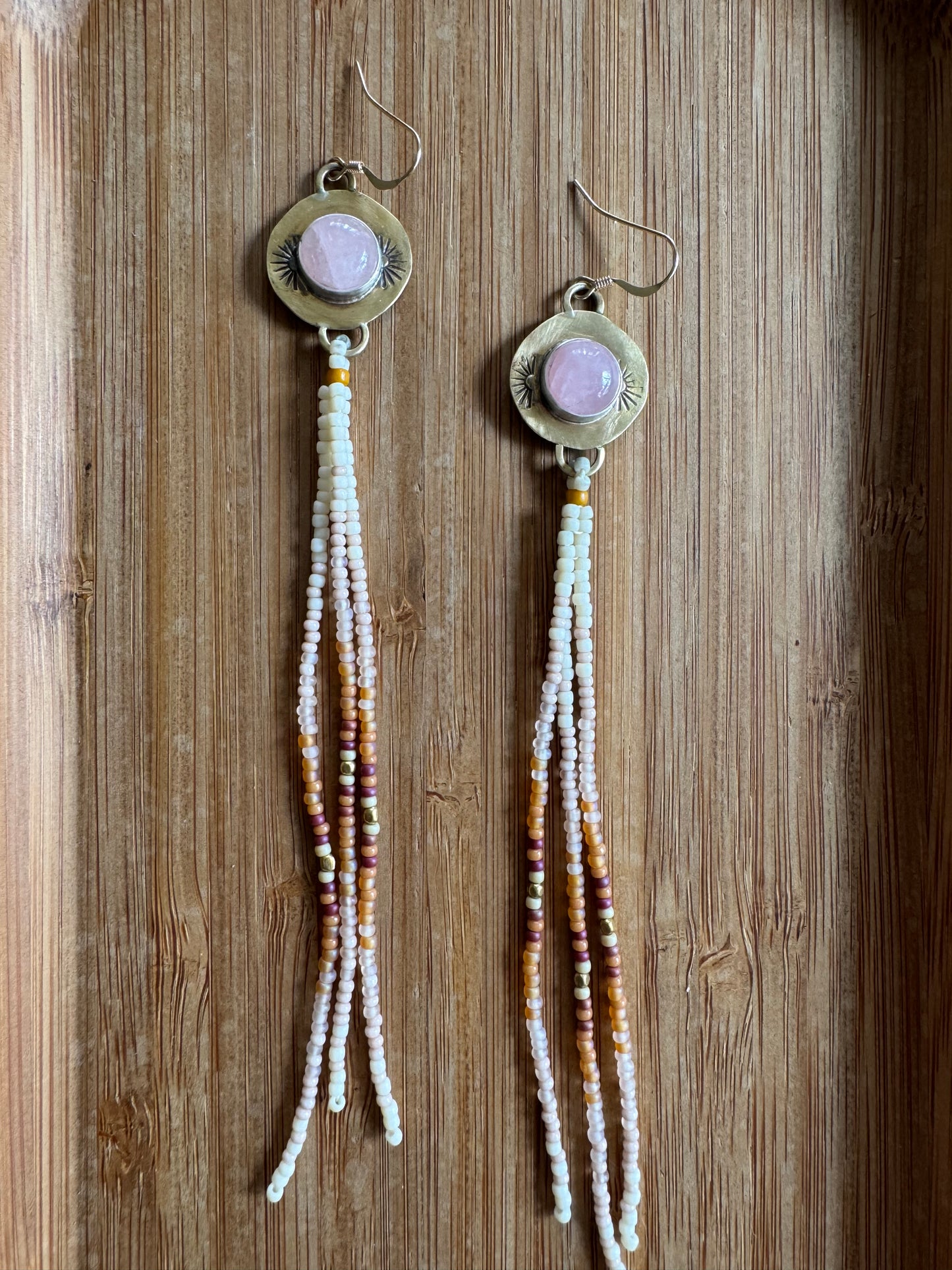 Rose Quartz Drop Earrings | Jeweler’s Brass + Blush Beaded Fringe