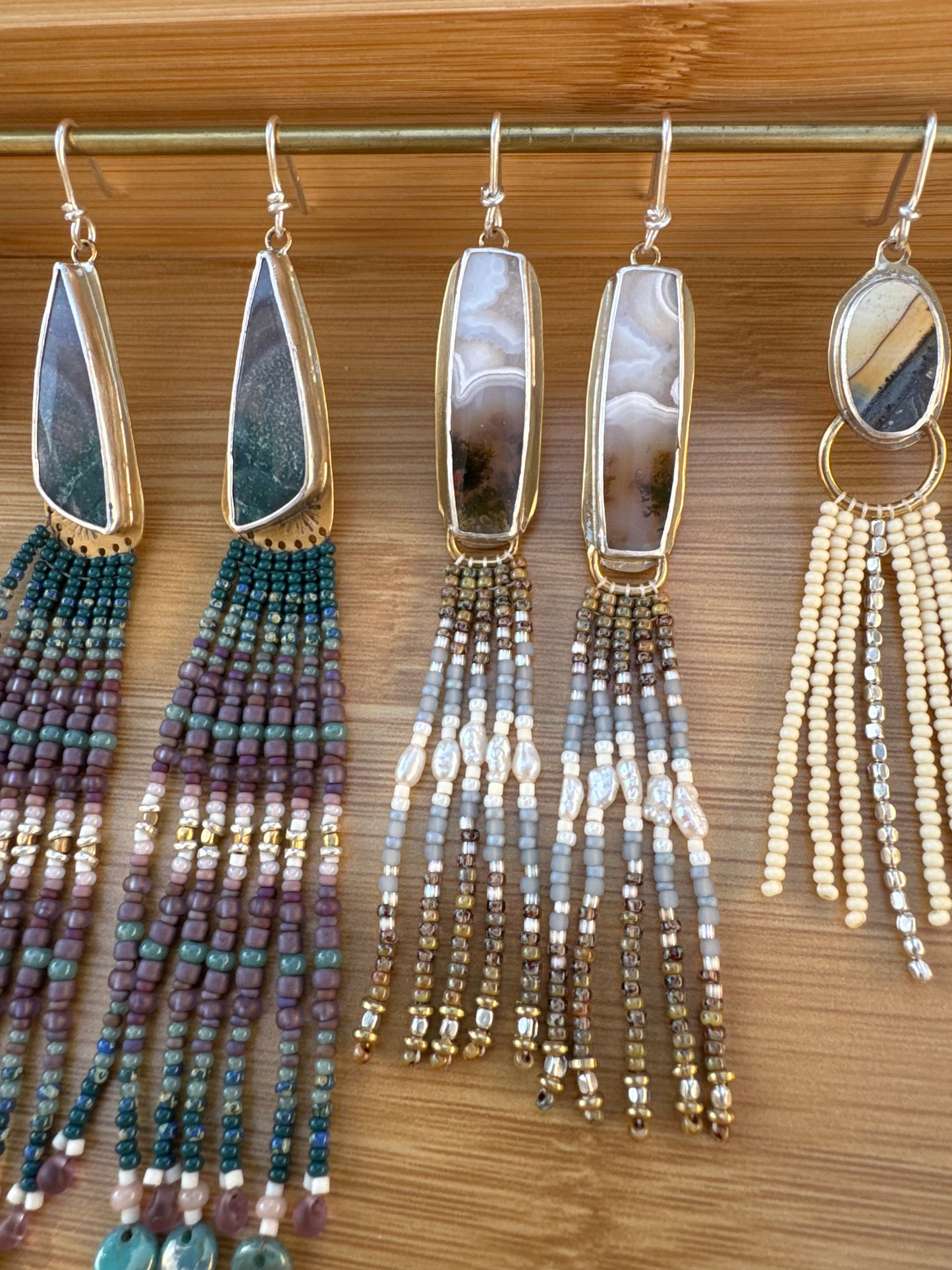 Sandstone Bar Fringe Earrings | Moss Agate Gemstones + Silver Beaded Fringe