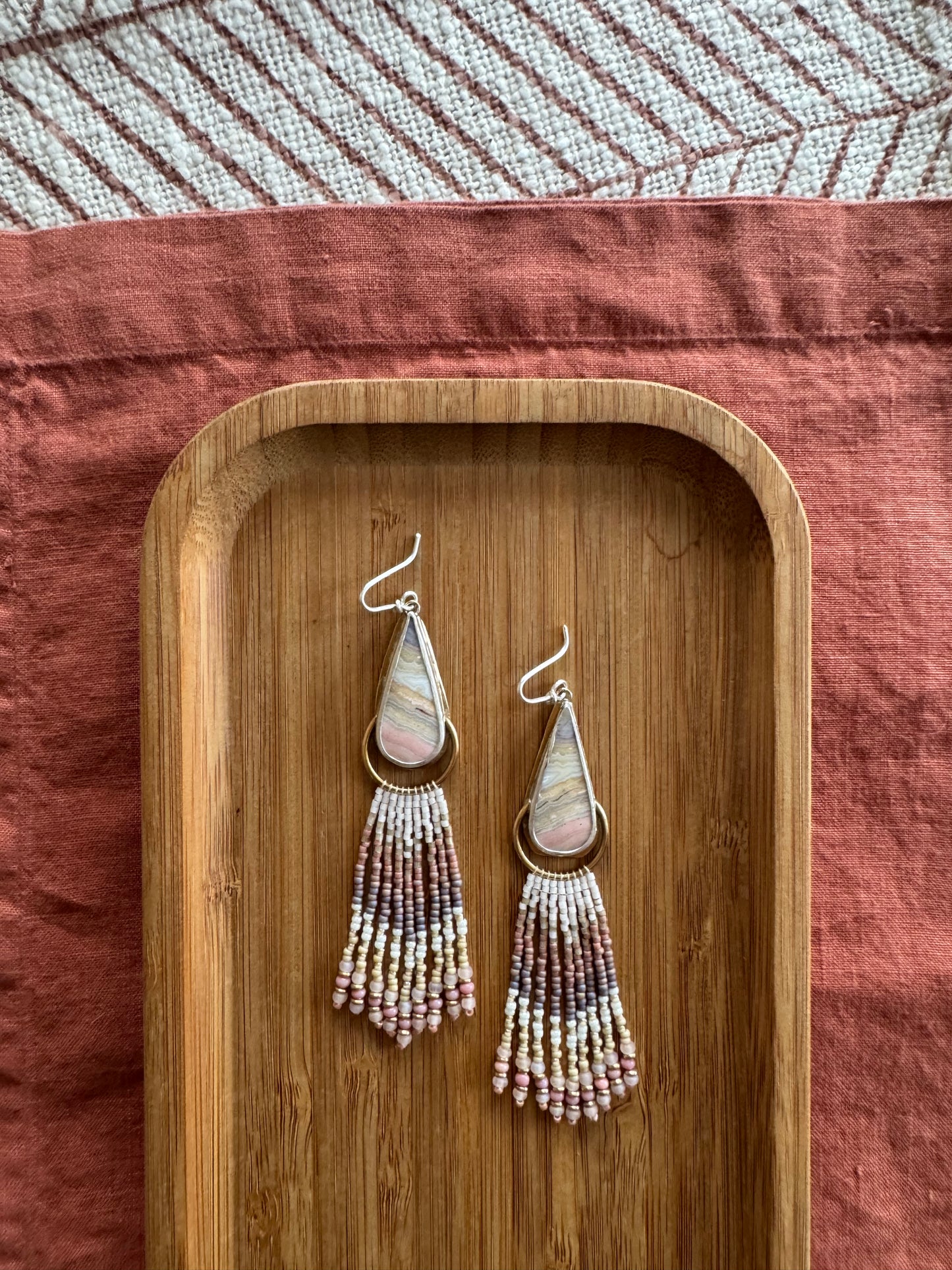 Blush Canyon Teardrop Earrings | Crazy Lace Agate Gemstones + Rose Beaded Fringe