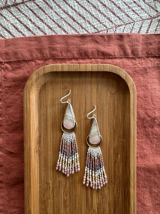 Blush Canyon Teardrop Earrings | Crazy Lace Agate Gemstones + Rose Beaded Fringe