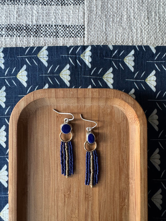 Midnight Lapis Fringe Earrings | Lapis Lazuli Gemstones + Navy Beaded Fringe