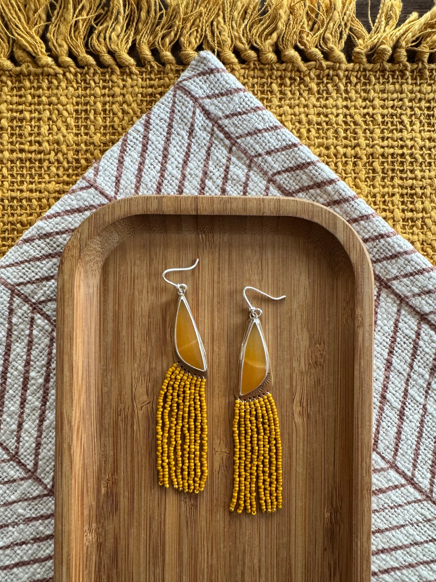 Amber Glow Teardrop Earrings | Yellow Jade Gemstones + Mustard Beaded Fringe