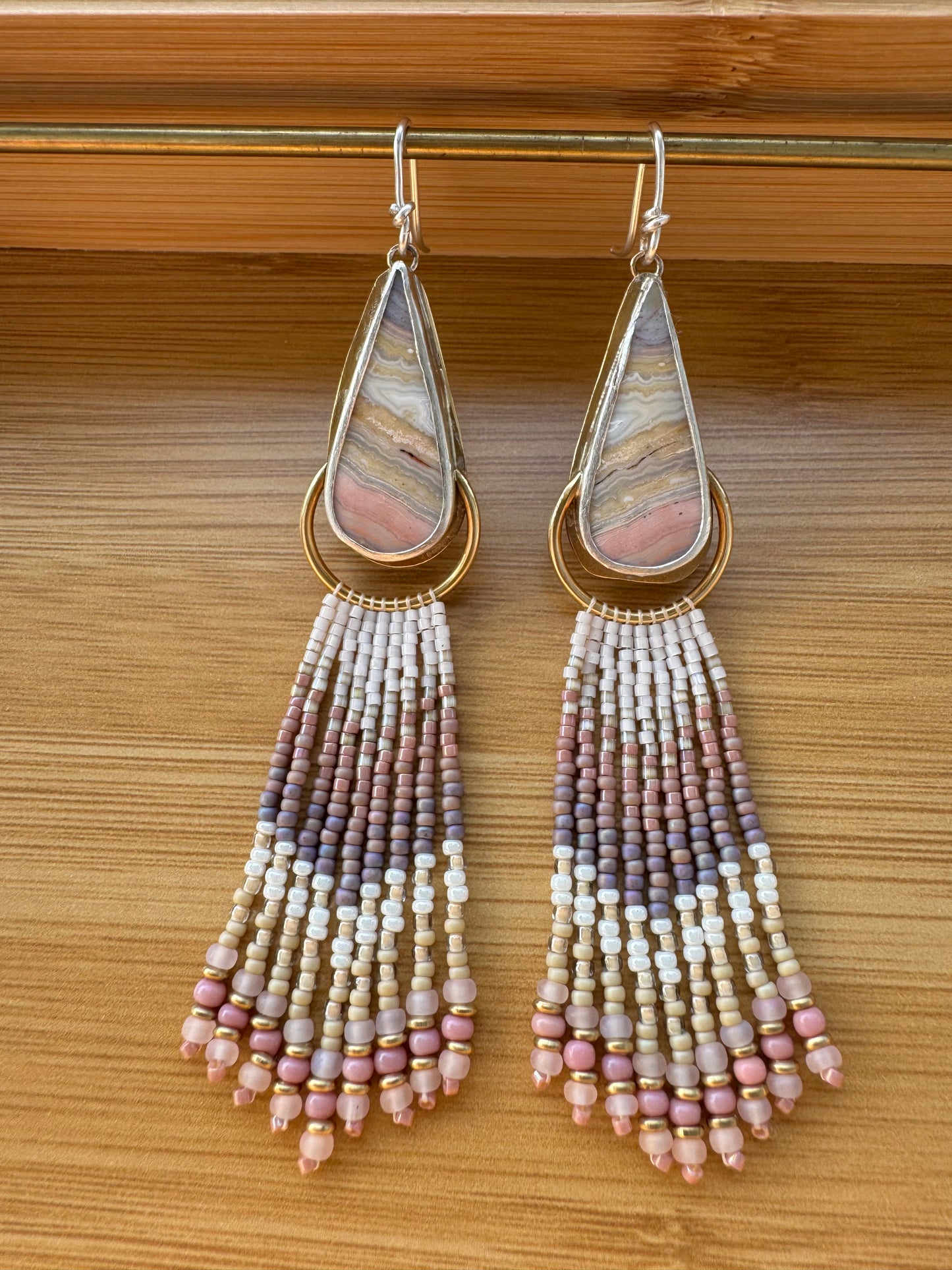 Blush Canyon Teardrop Earrings | Crazy Lace Agate Gemstones + Rose Beaded Fringe