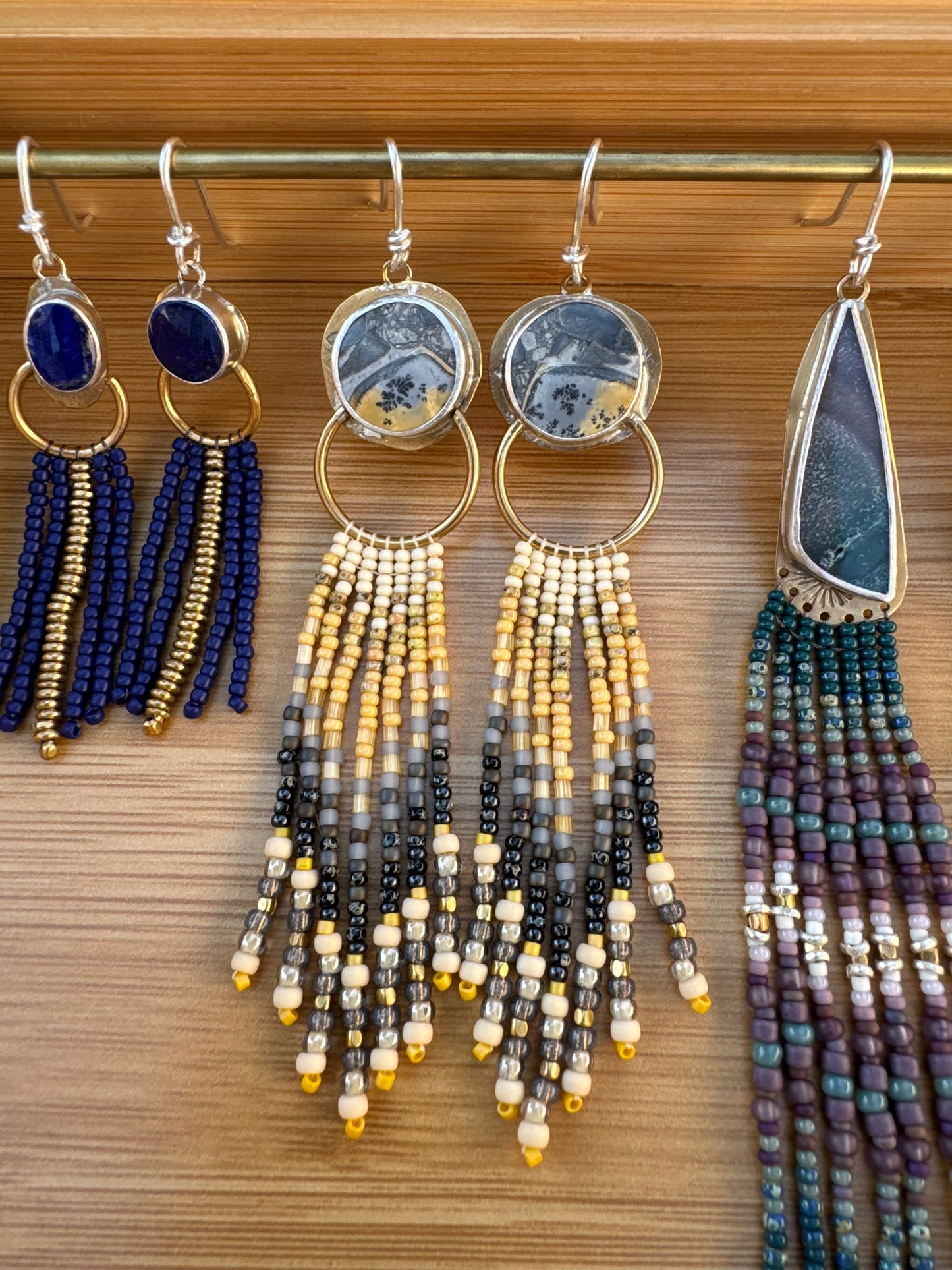Storm Cloud Fringe Earrings | Maligano Jasper Gemstones + Mustard Beaded Fringe