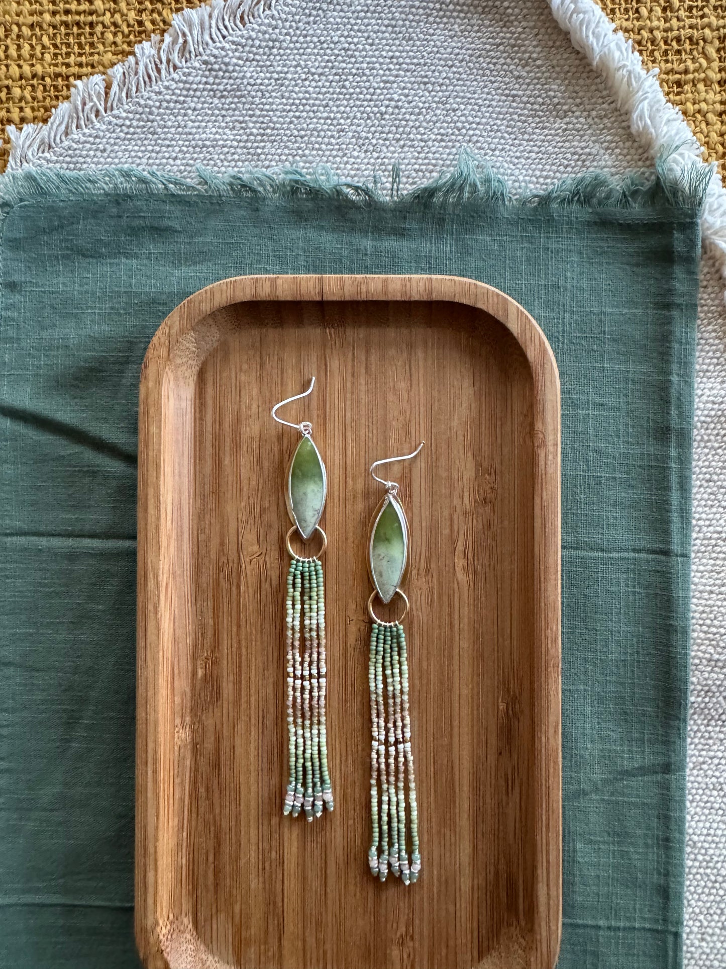 Sage Marquise Earrings | Vesuvinite Gemstones + Sage Beaded Fringe