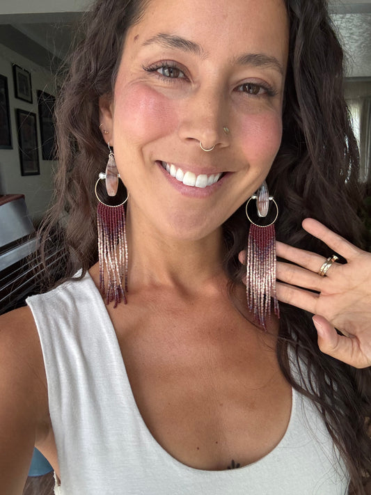 Desert Pink & Orange Jade Fringe Earrings | Long Sterling + Mauve Beadwork