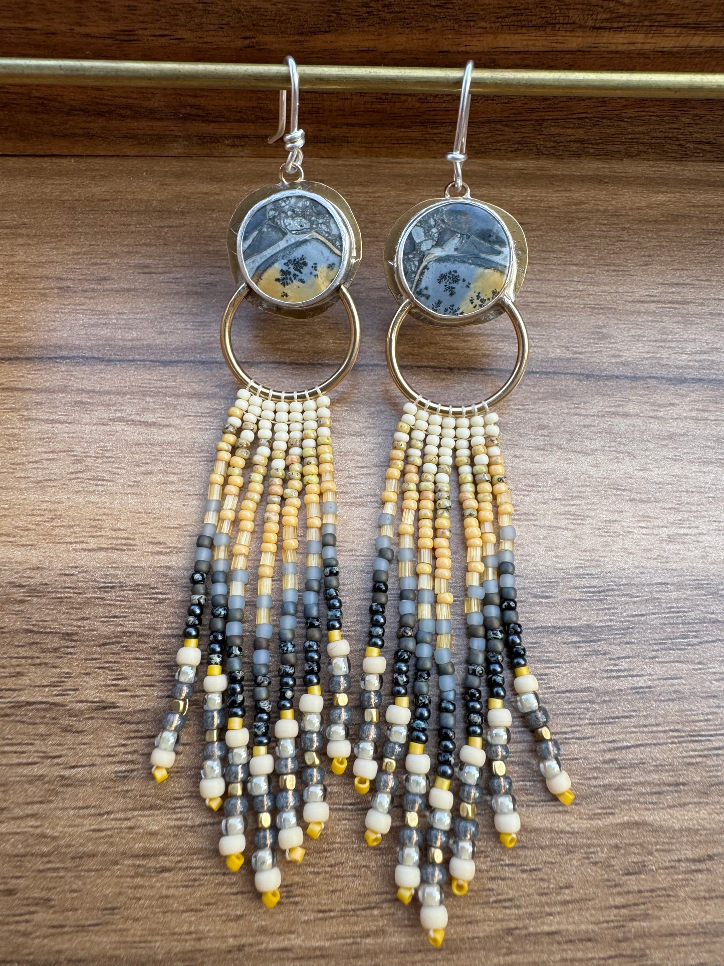 Storm Cloud Fringe Earrings | Maligano Jasper Gemstones + Mustard Beaded Fringe
