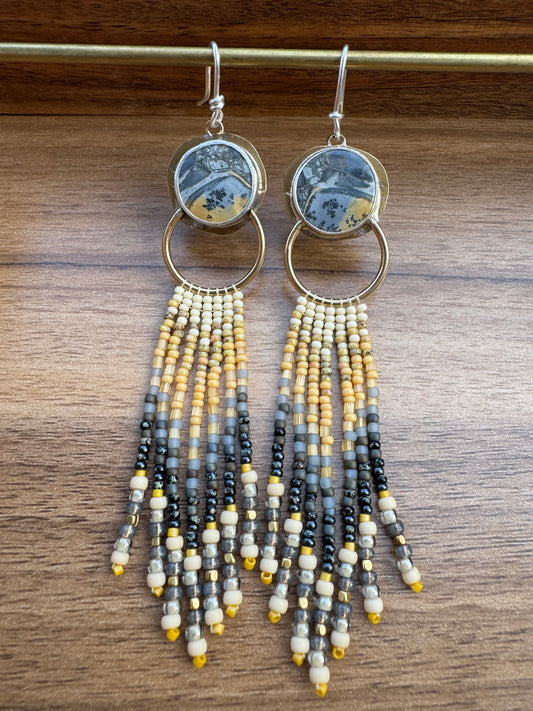 Storm Cloud Fringe Earrings | Maligano Jasper Gemstones + Mustard Beaded Fringe