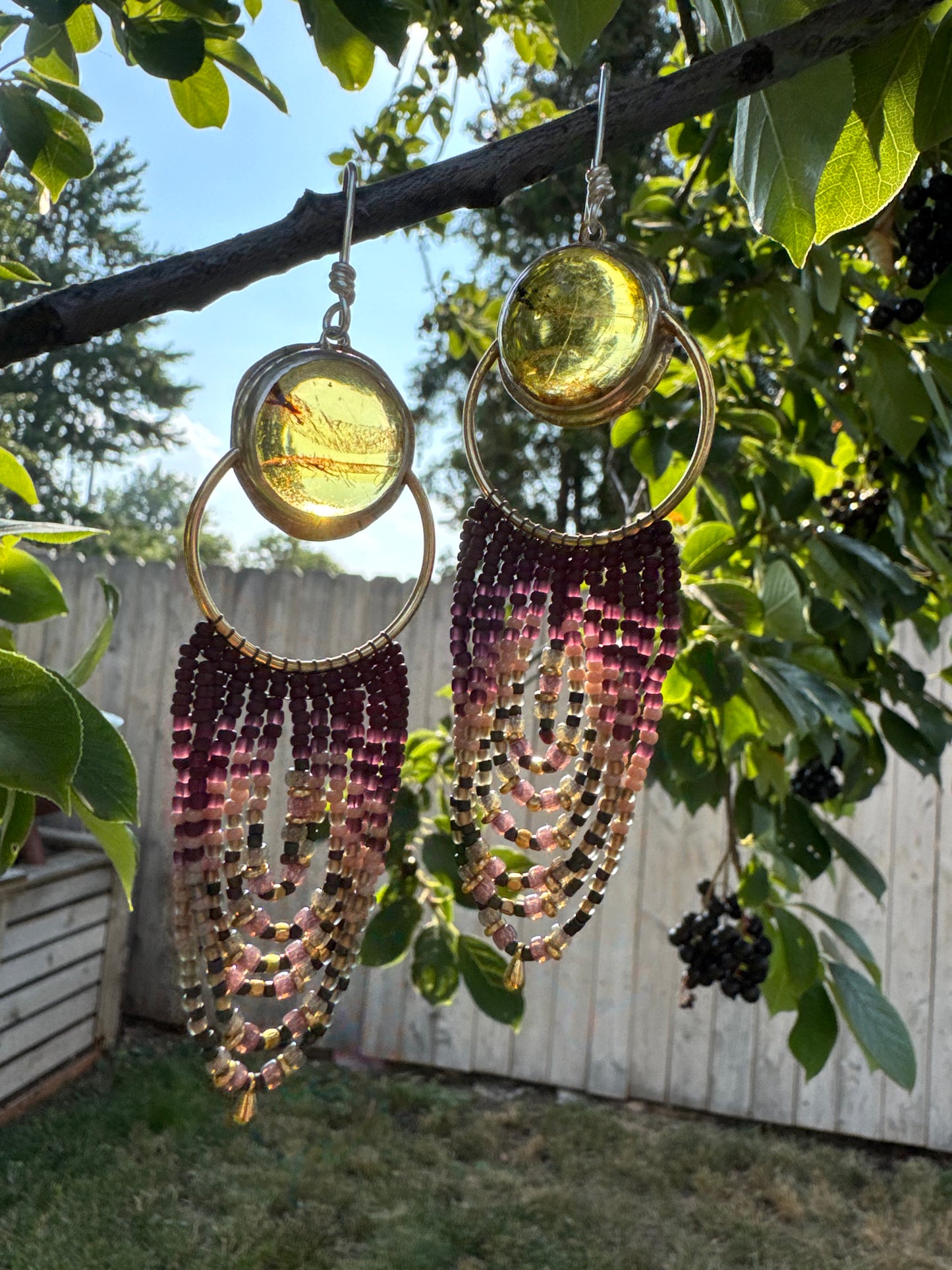 Golden Hollow Hoop Earrings | Amber Gemstones + Plum Beaded Fringe