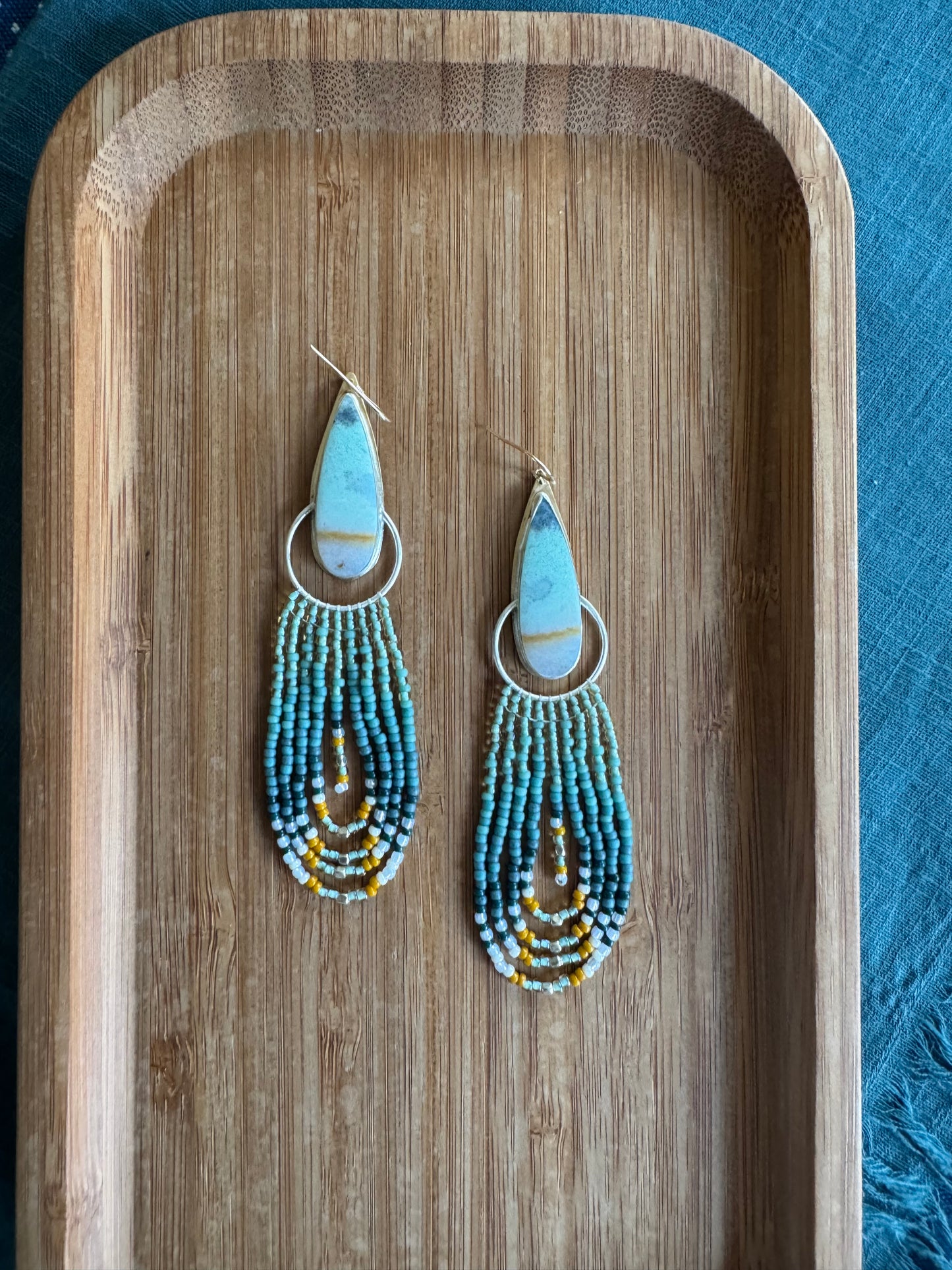 Blue Opalized Wood Ocean Tide Earrings