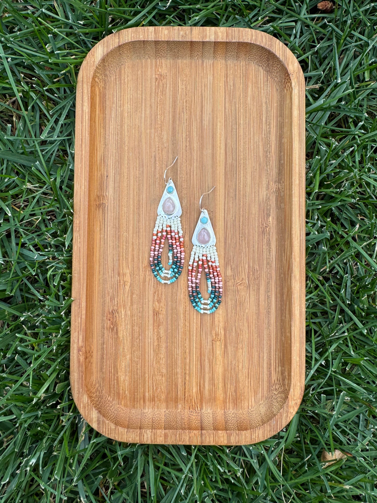 Rose Quartz + Larimar Turquoise Fringe Earrings | Sterling Silver + Beaded