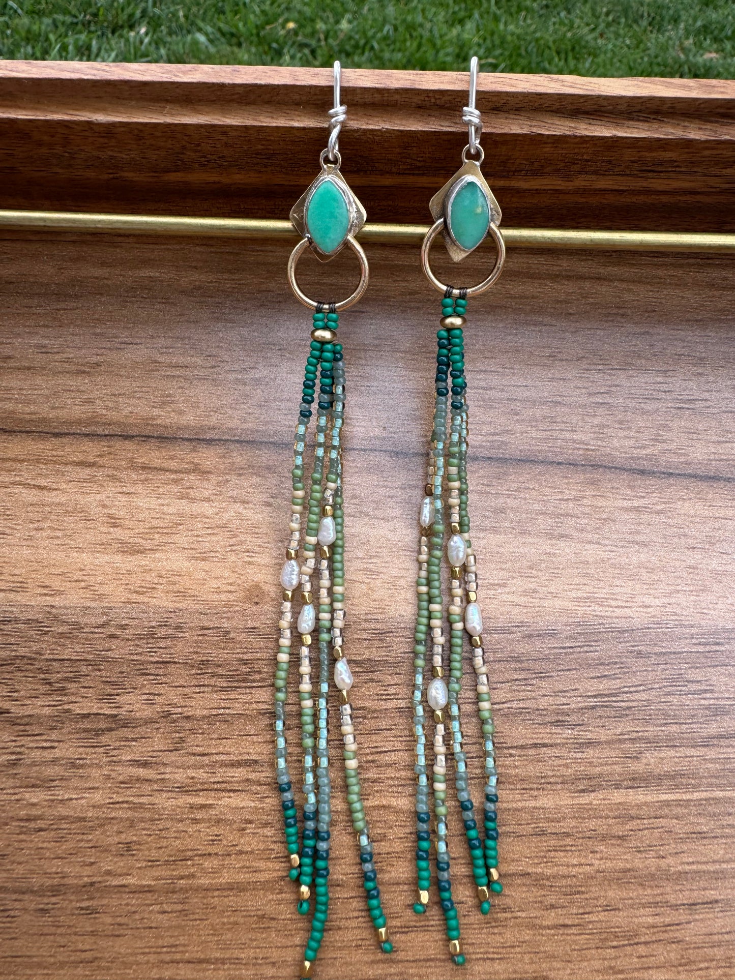 Emerald Trail Fringe Earrings | Chrysoprase Gemstones + Green Beaded Fringe