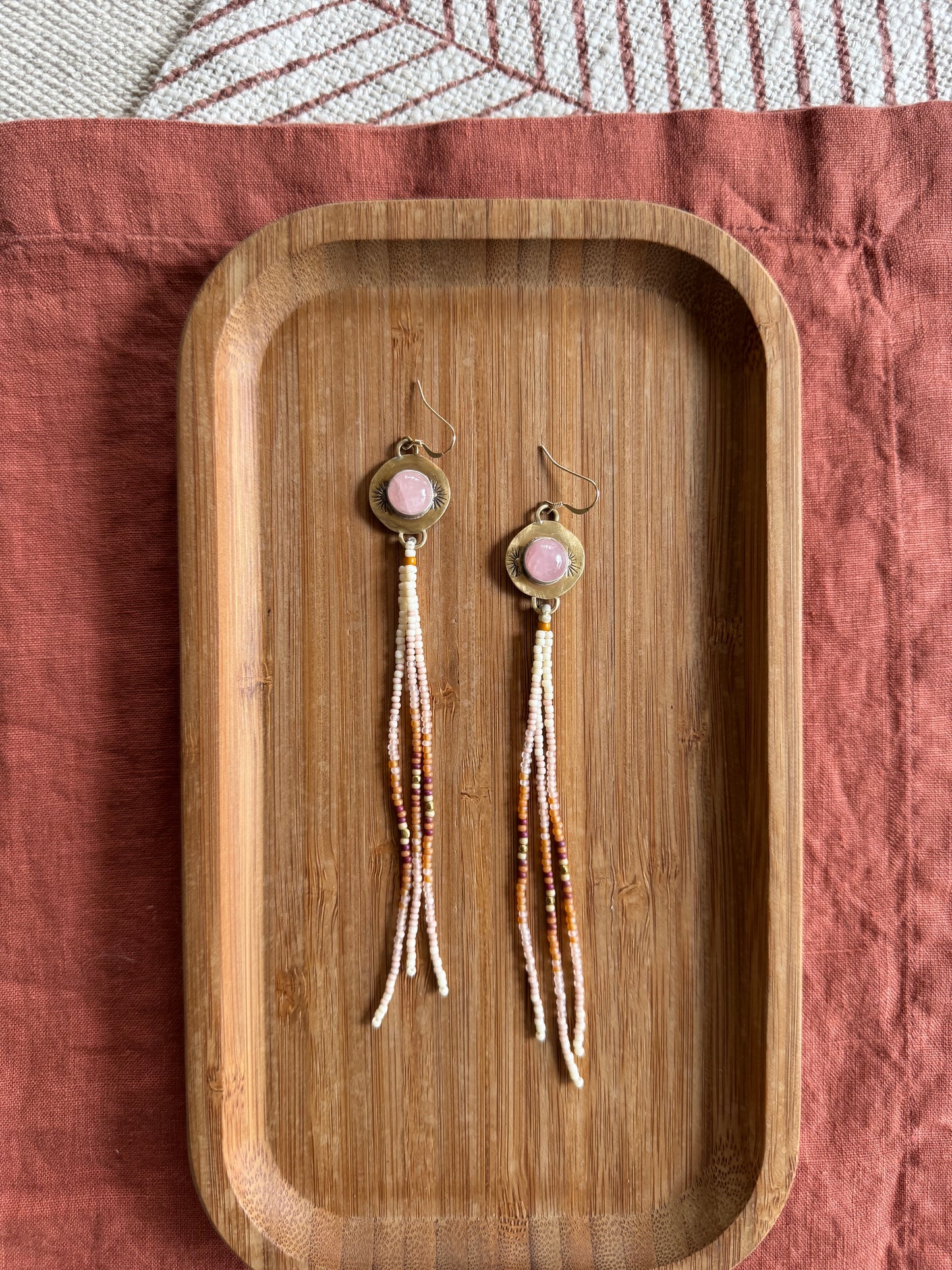 Rose Quartz Drop Earrings | Jeweler’s Brass + Blush Beaded Fringe