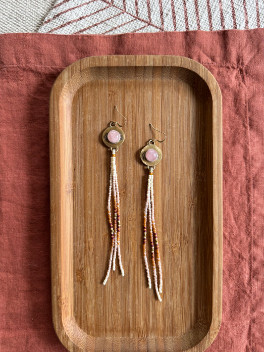 Rose Quartz Drop Earrings | Jeweler’s Brass + Blush Beaded Fringe