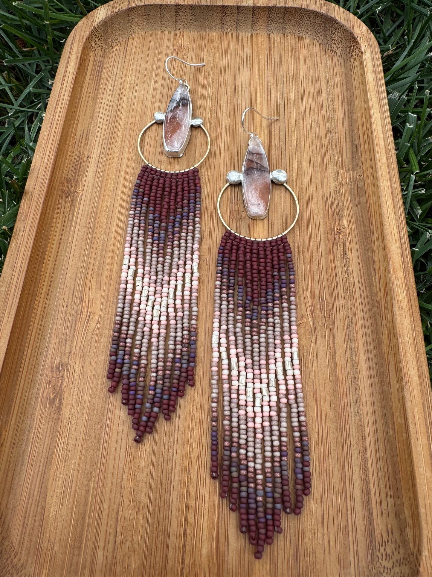 Desert Pink & Orange Jade Fringe Earrings | Long Sterling + Mauve Beadwork