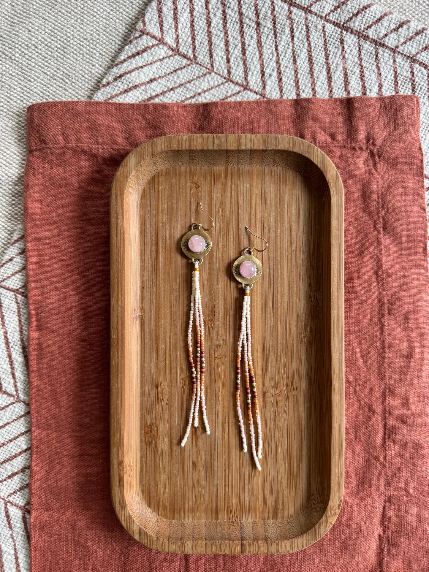 Rose Quartz Drop Earrings | Jeweler’s Brass + Blush Beaded Fringe