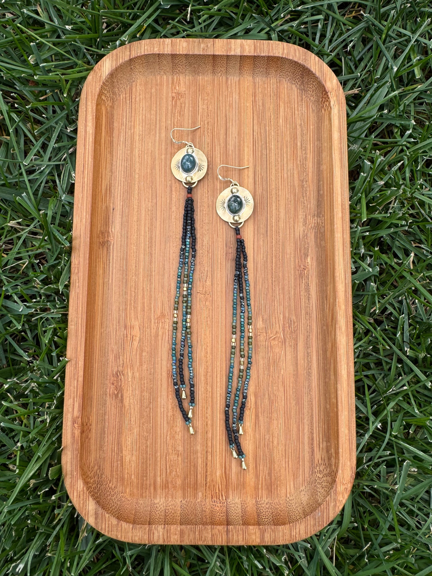 Moss Agate Gold Coin Fringe Earrings | Sterling Silver + Jasper