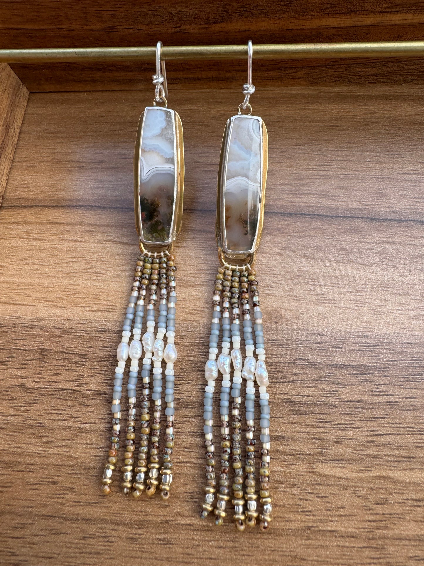 Sandstone Bar Fringe Earrings | Moss Agate Gemstones + Silver Beaded Fringe