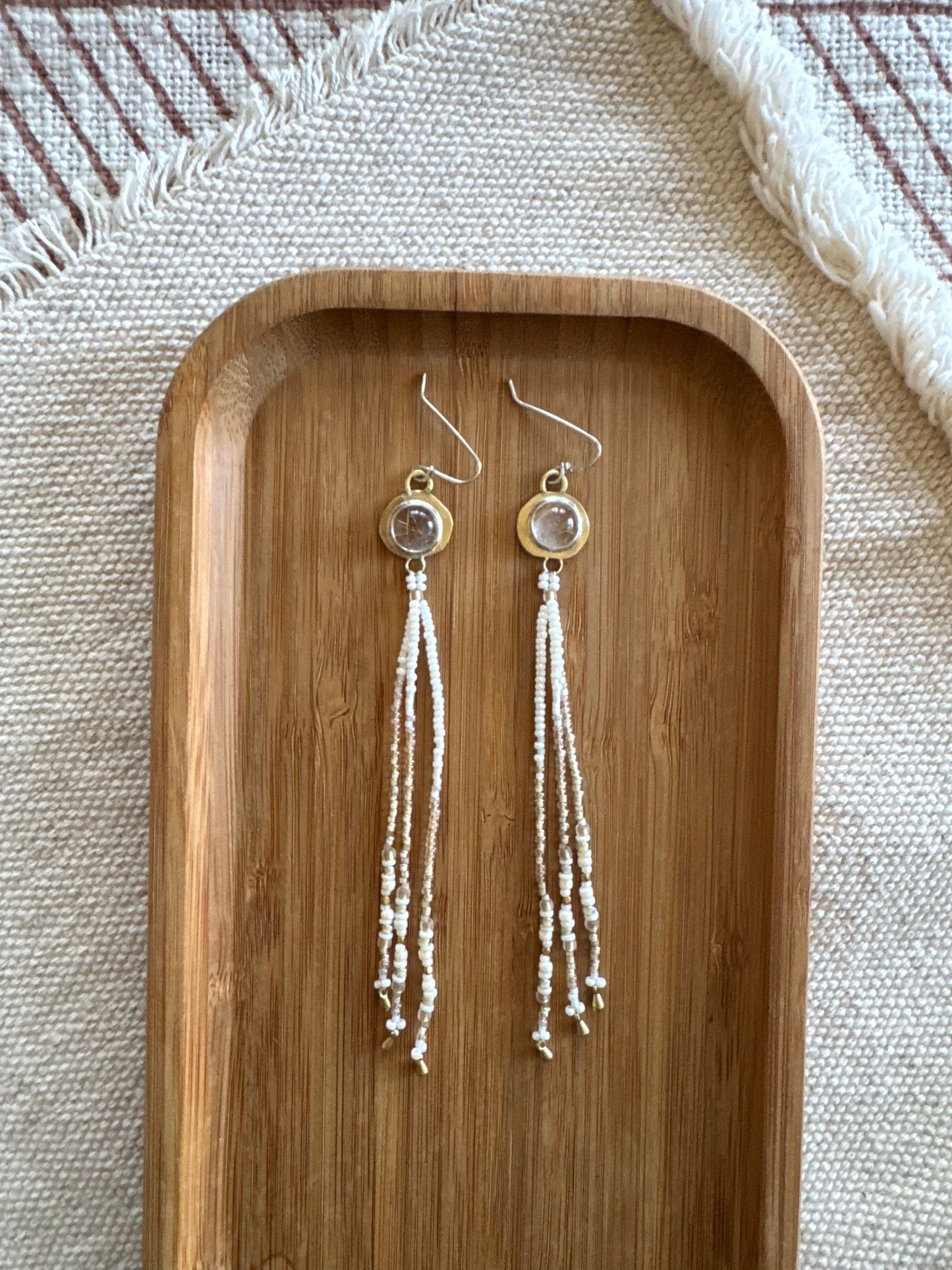 Moonlit Agate Fringe Earrings | Rutilated Quartz Gemstones + Ivory Beaded Fringe