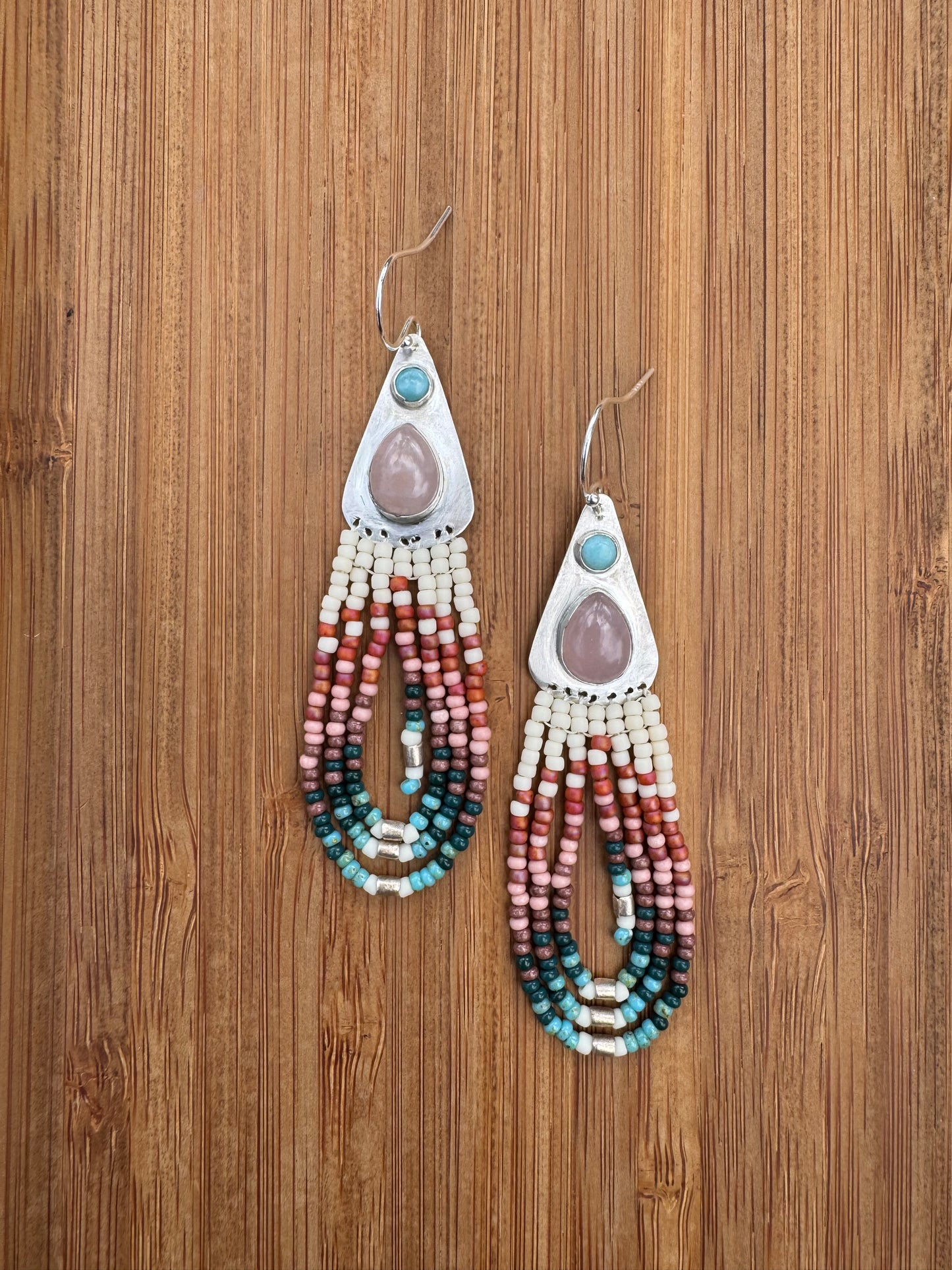 Rose Quartz + Larimar Turquoise Fringe Earrings | Sterling Silver + Beaded