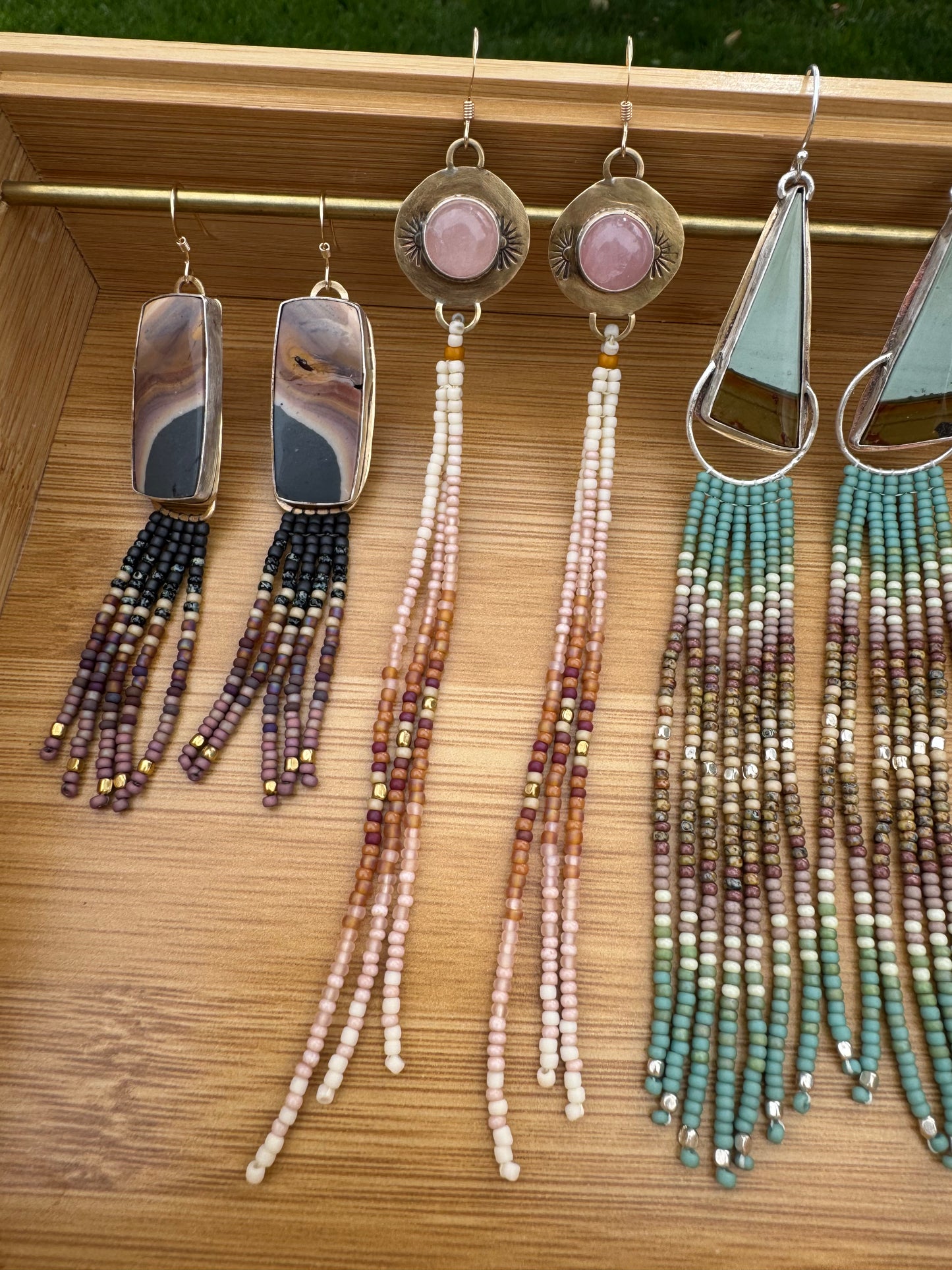 Rose Quartz Drop Earrings | Jeweler’s Brass + Blush Beaded Fringe