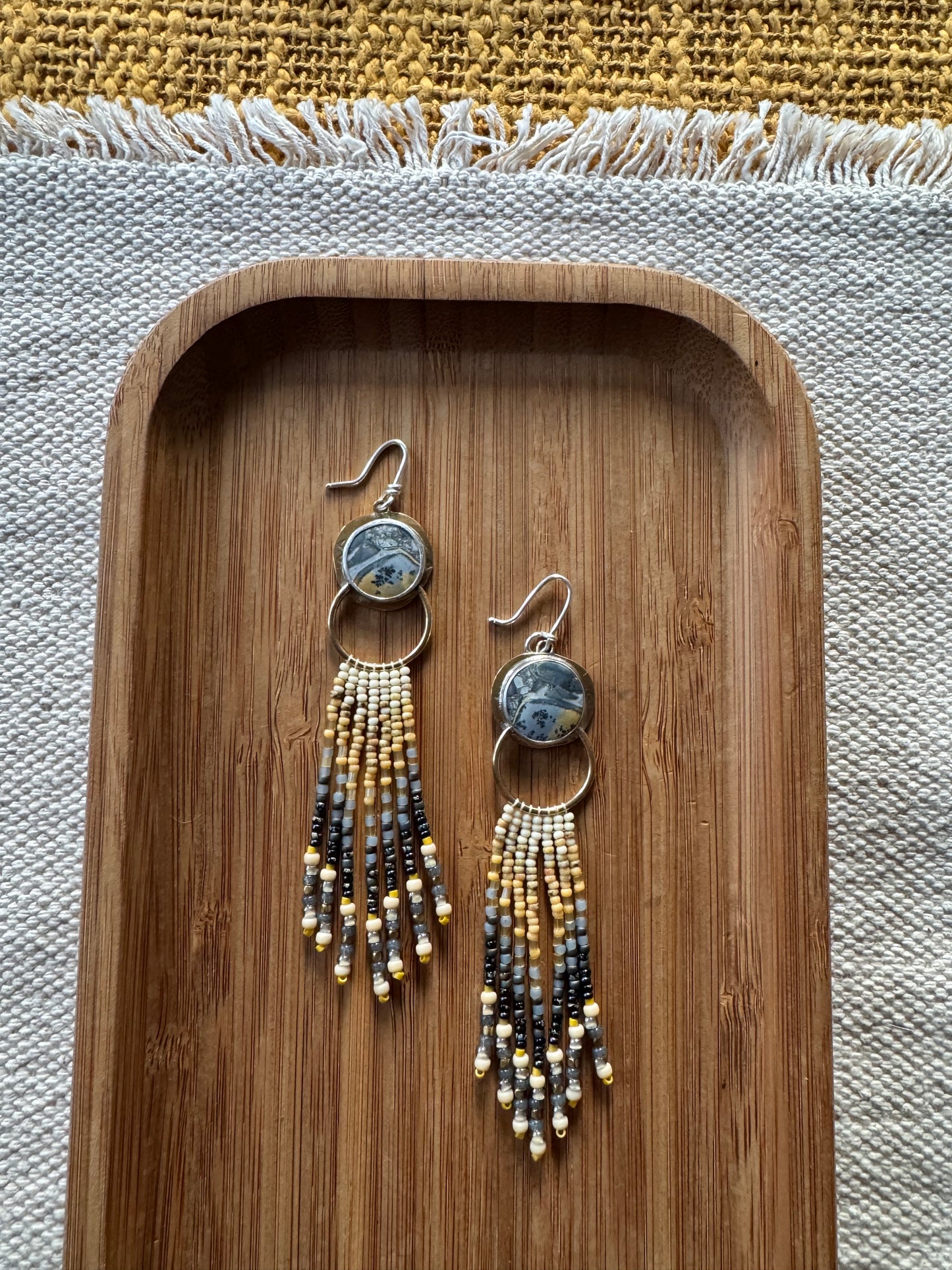 Storm Cloud Fringe Earrings | Maligano Jasper Gemstones + Mustard Beaded Fringe