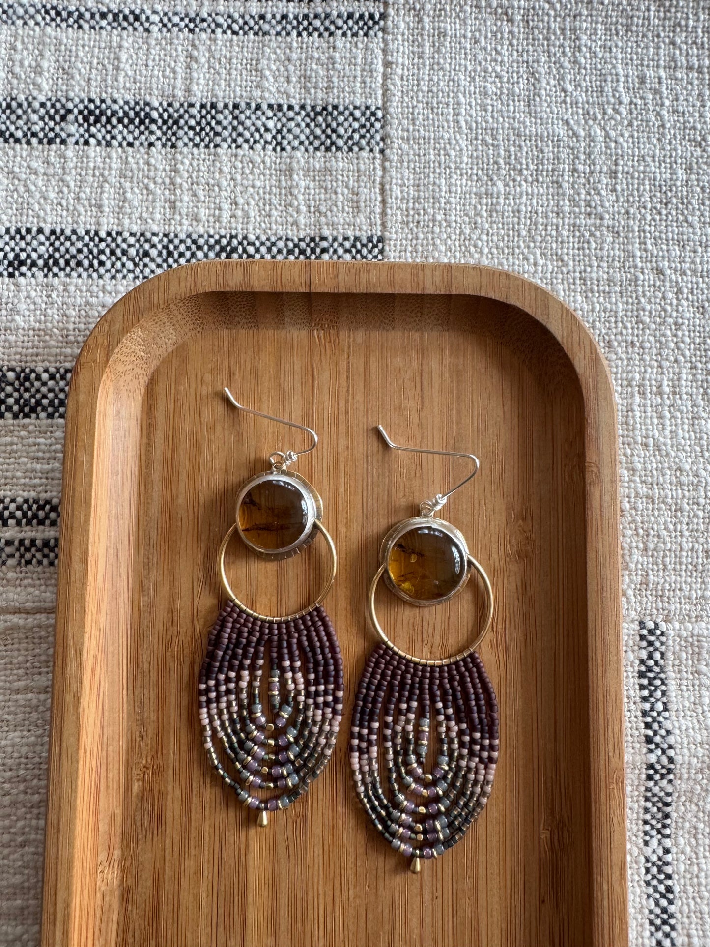 Golden Hollow Hoop Earrings | Amber Gemstones + Plum Beaded Fringe