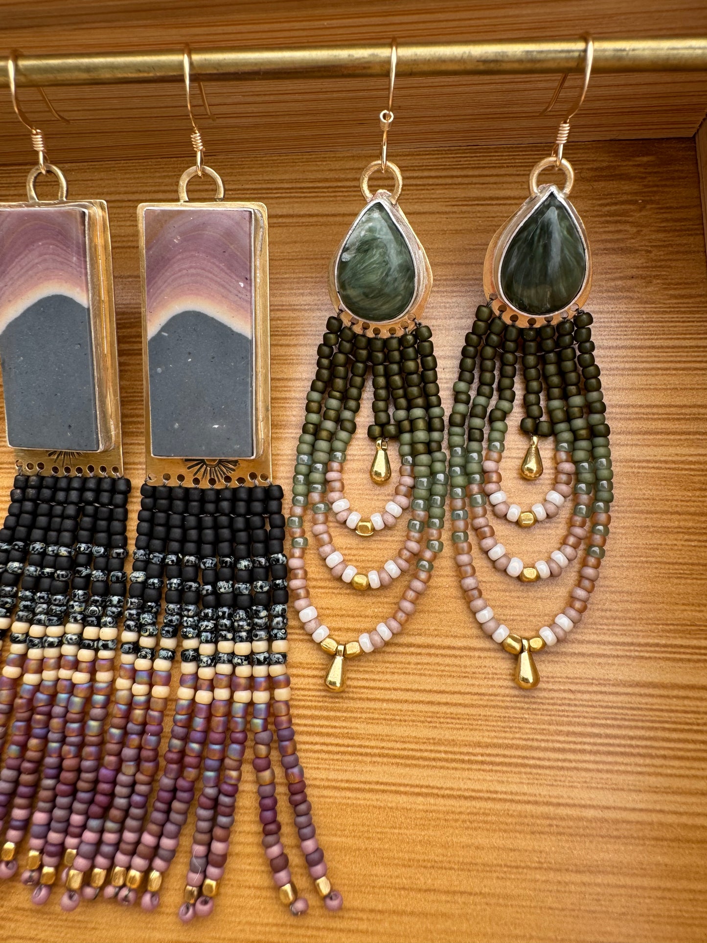 Nightfall Bloom Fringe Earrings | Seraphinite + Dark Floral Beaded Dangles
