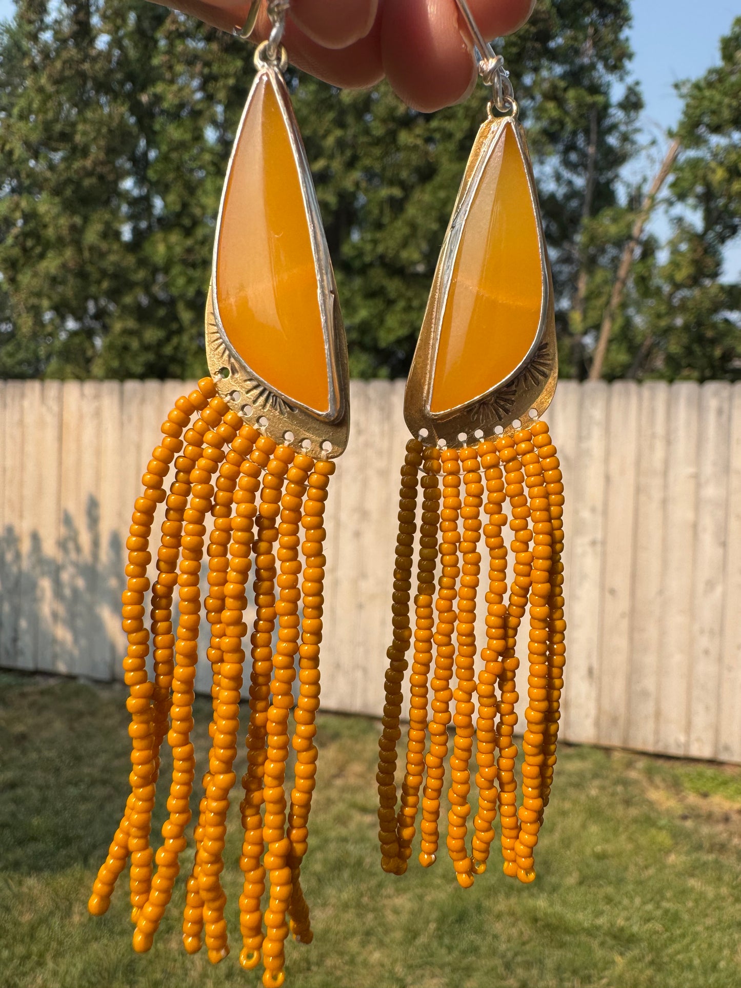 Amber Glow Teardrop Earrings | Yellow Jade Gemstones + Mustard Beaded Fringe