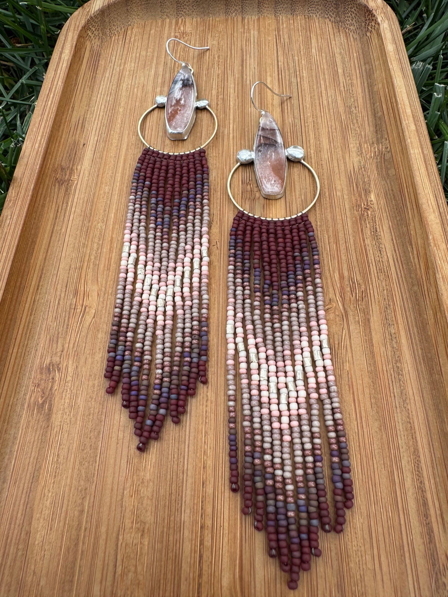 Desert Pink & Orange Jade Fringe Earrings | Long Sterling + Mauve Beadwork