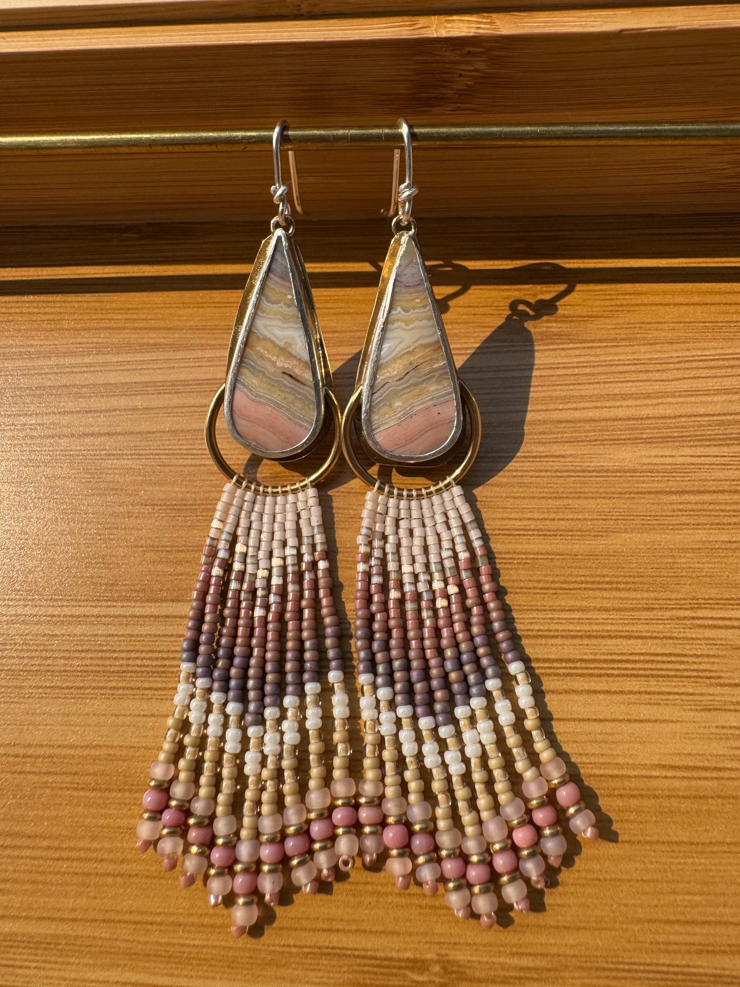 Blush Canyon Teardrop Earrings | Crazy Lace Agate Gemstones + Rose Beaded Fringe