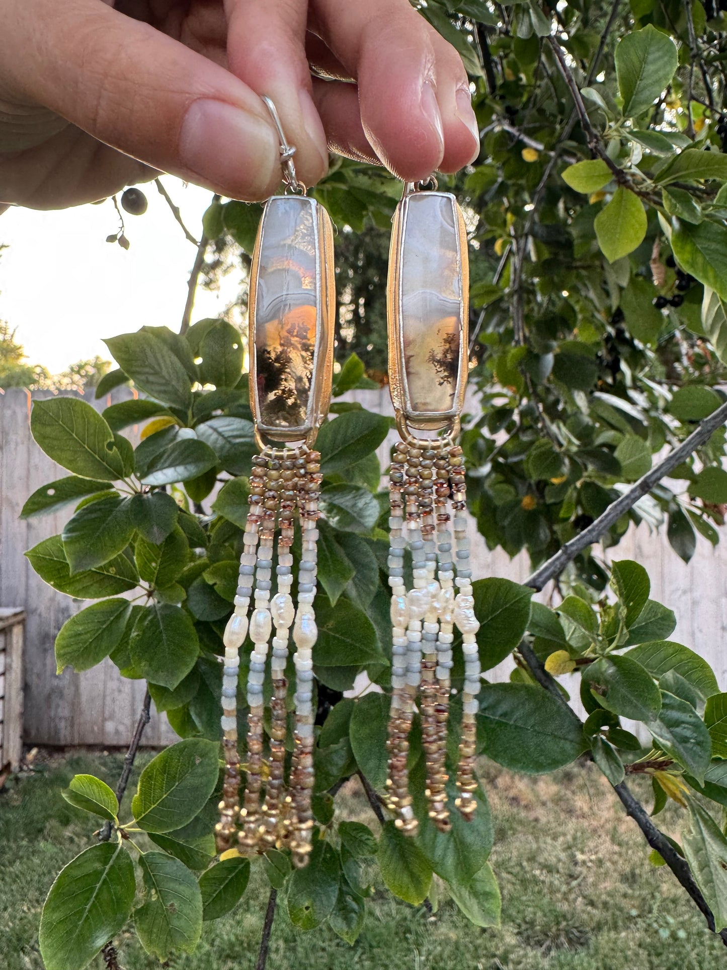 Sandstone Bar Fringe Earrings | Moss Agate Gemstones + Silver Beaded Fringe